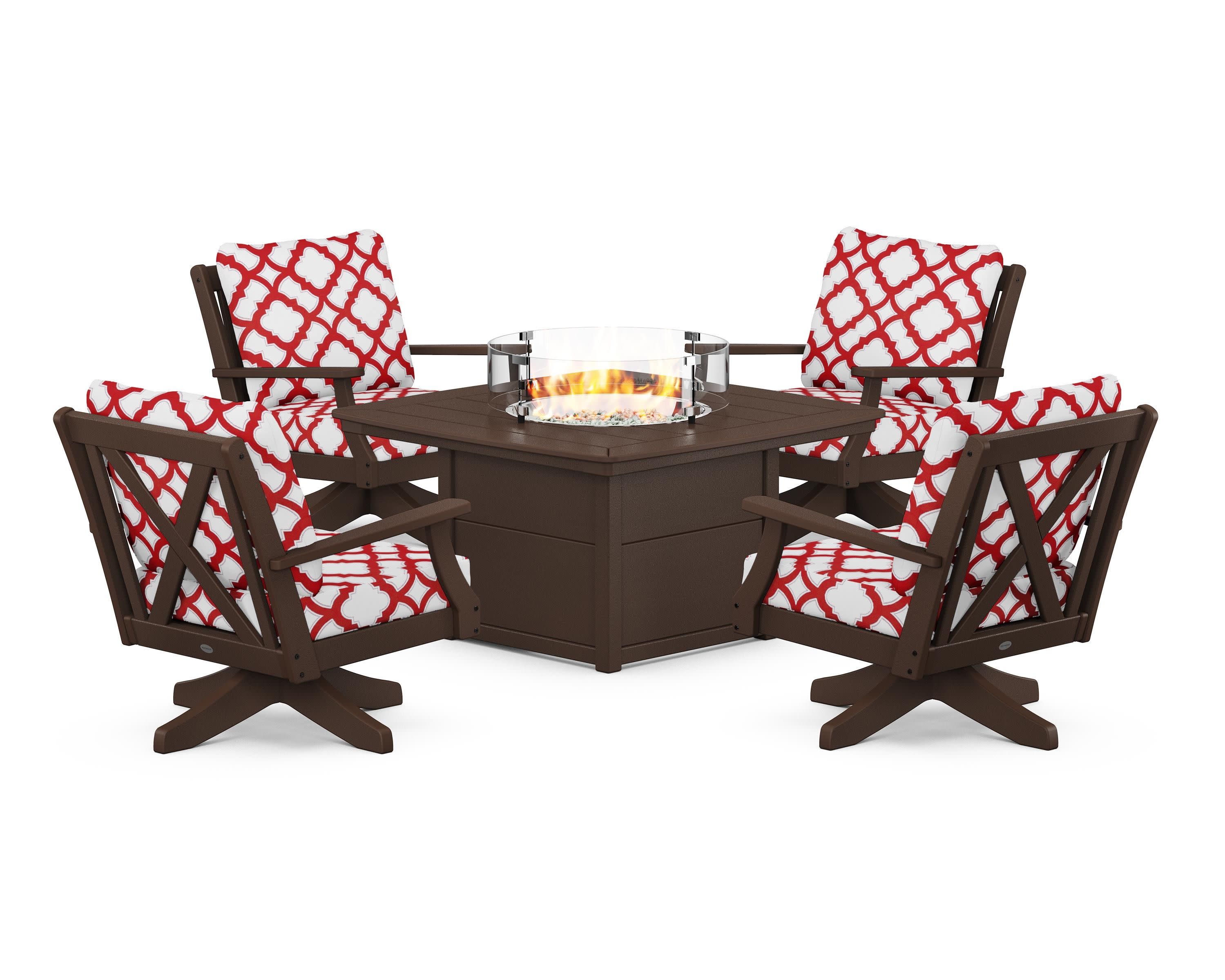 Braxton 5-Piece Deep Seating Swivel Conversation Set with Fire Pit Table in Mahogany / Trellis Crimson