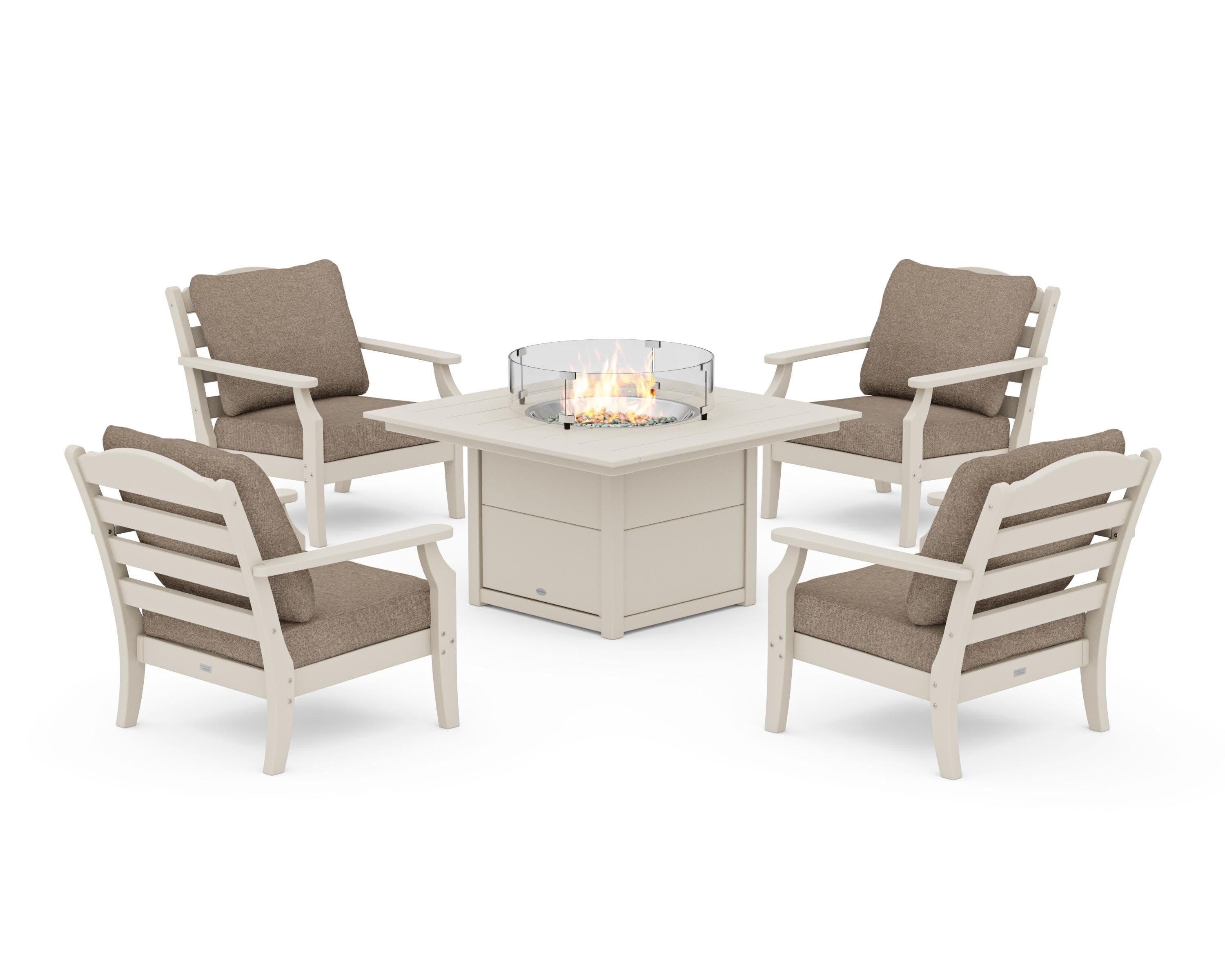 Savannah 5-Piece Deep Seating Set with Fire Pit Table in Sand / Spiced Burlap