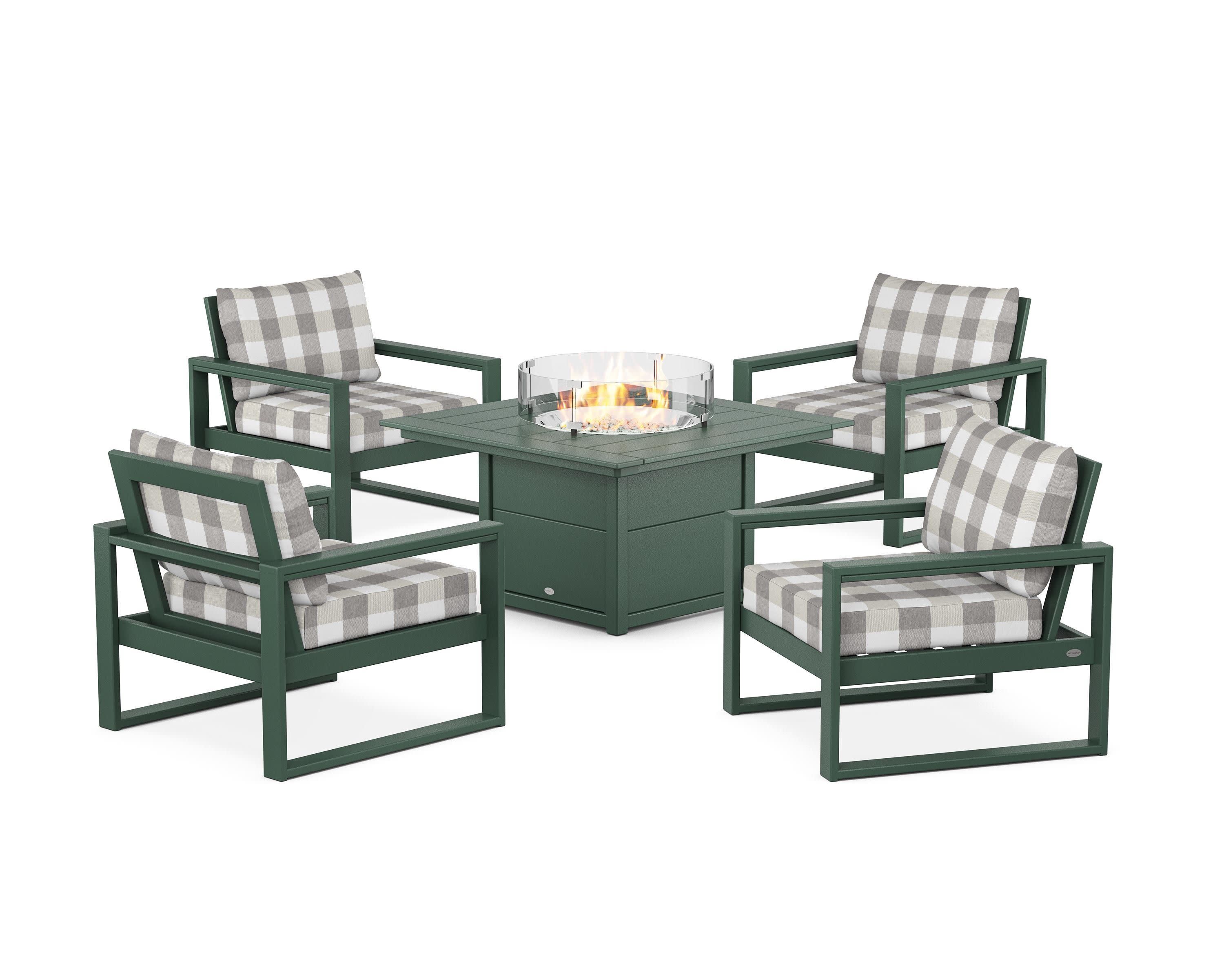EDGE Sectional 5-Piece Deep Seating Set with Fire Pit Table in Green / Buffalo Plaid Grey Mist