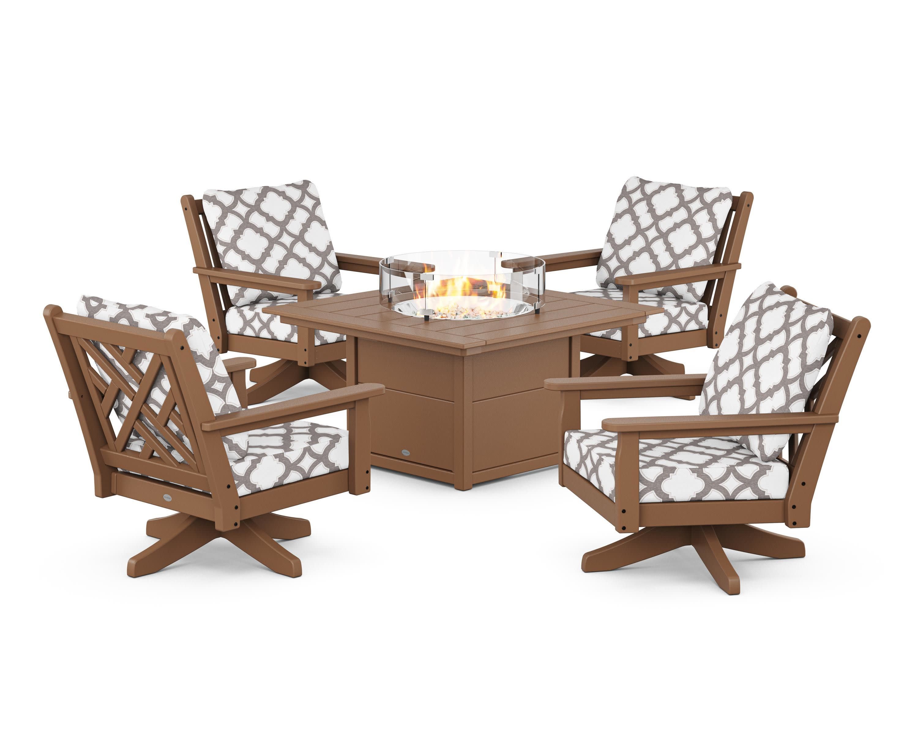Chippendale 5-Piece Deep Seating Swivel Conversation Set with Fire Pit Table in Teak / Trellis Grey Mist