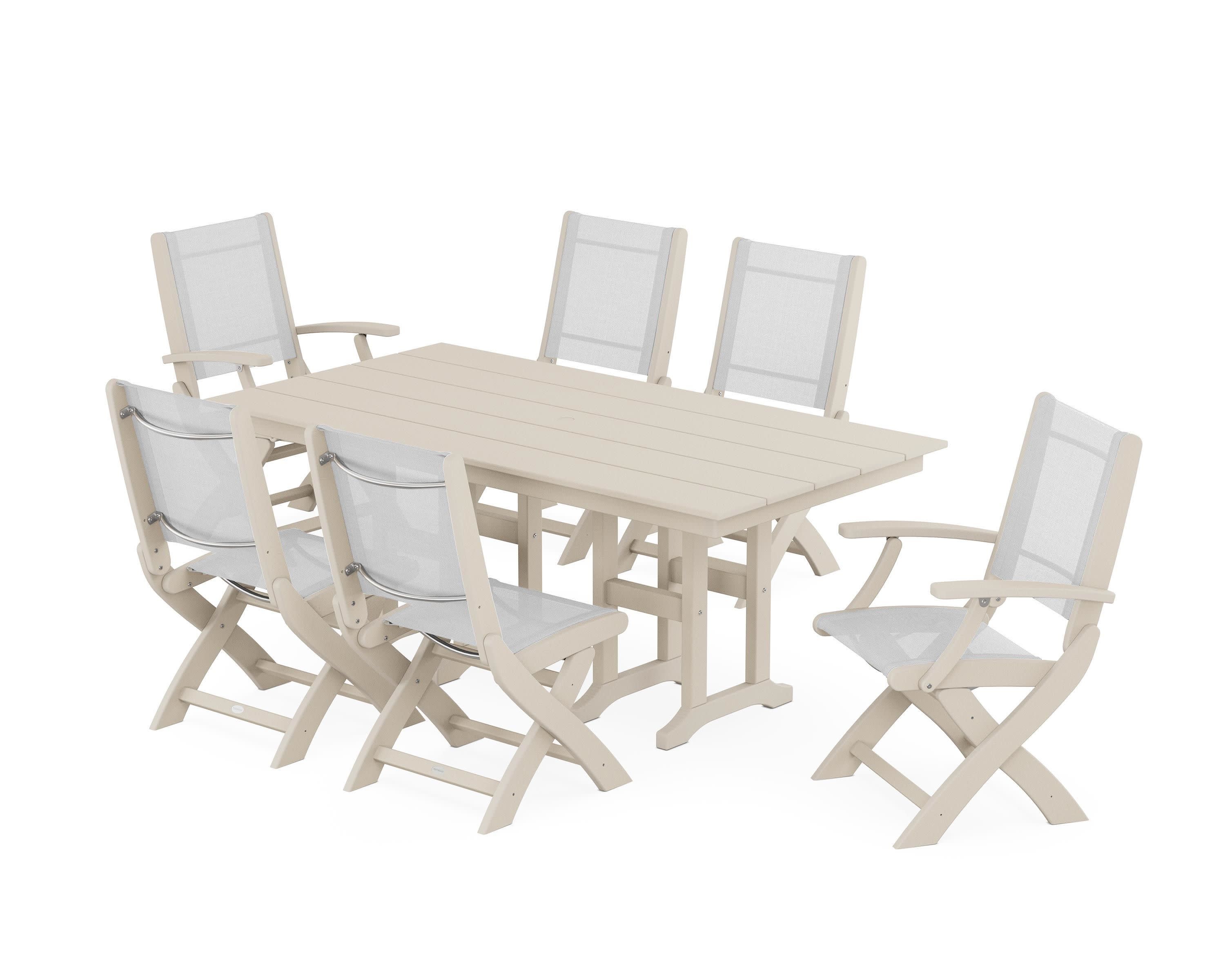 Coastal Folding Chair 7-Piece Farmhouse Dining Set in Sand / White Sling