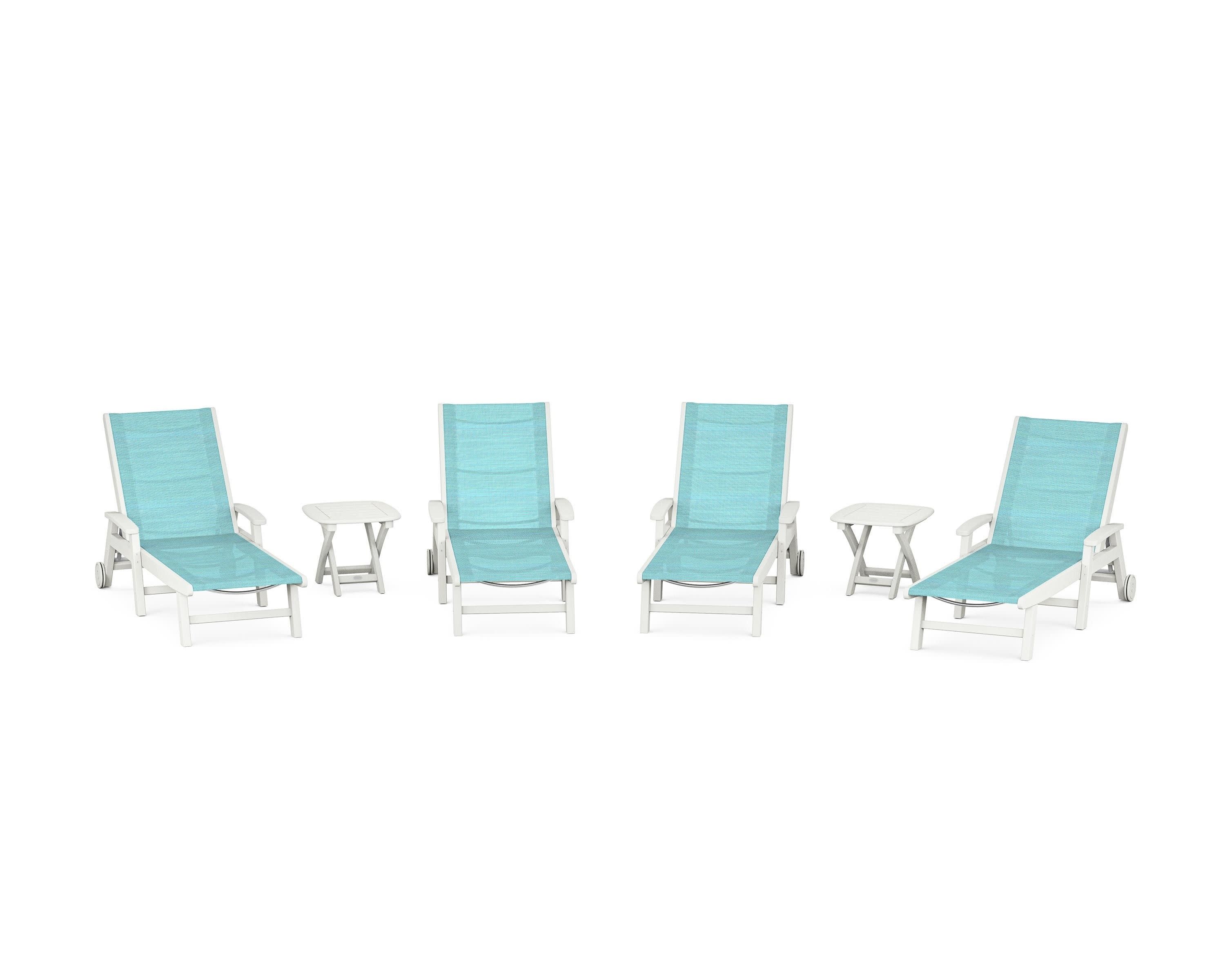 Coastal Chaise 6-Piece Set with Wheels in Vintage White / Dupioni Aquamarine Sling