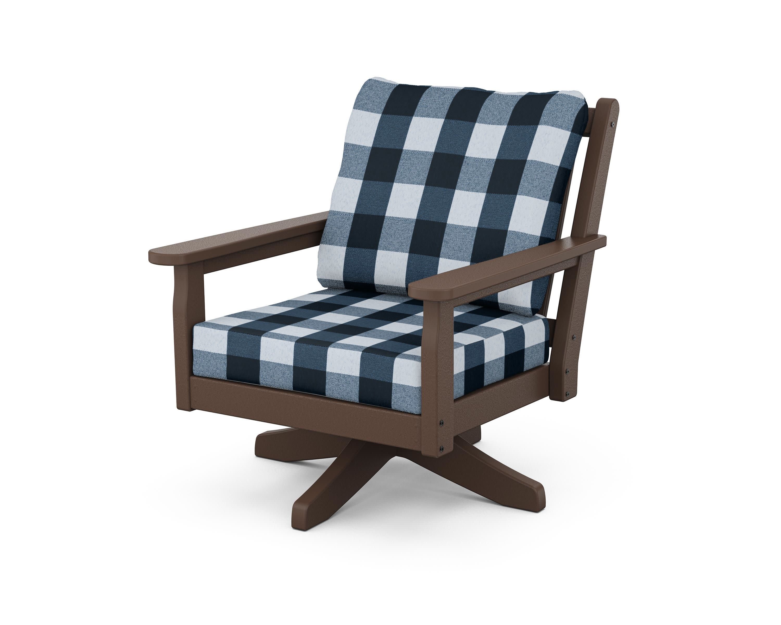 Chippendale Deep Seating Swivel Chair in Mahogany / Buffalo Plaid Marine Indigo