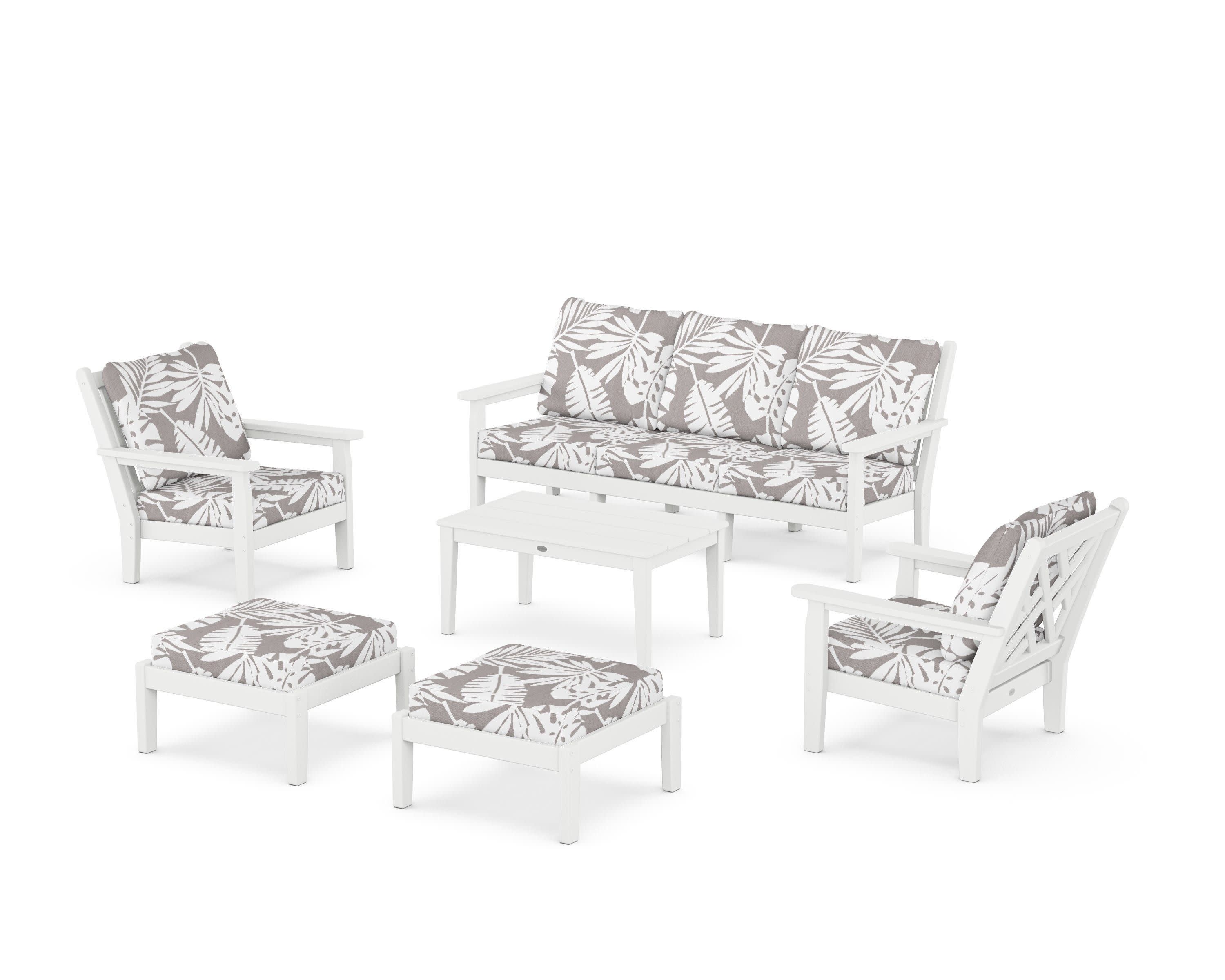 Chippendale 6-Piece Lounge Sofa Set in White / Leaf Grey Mist