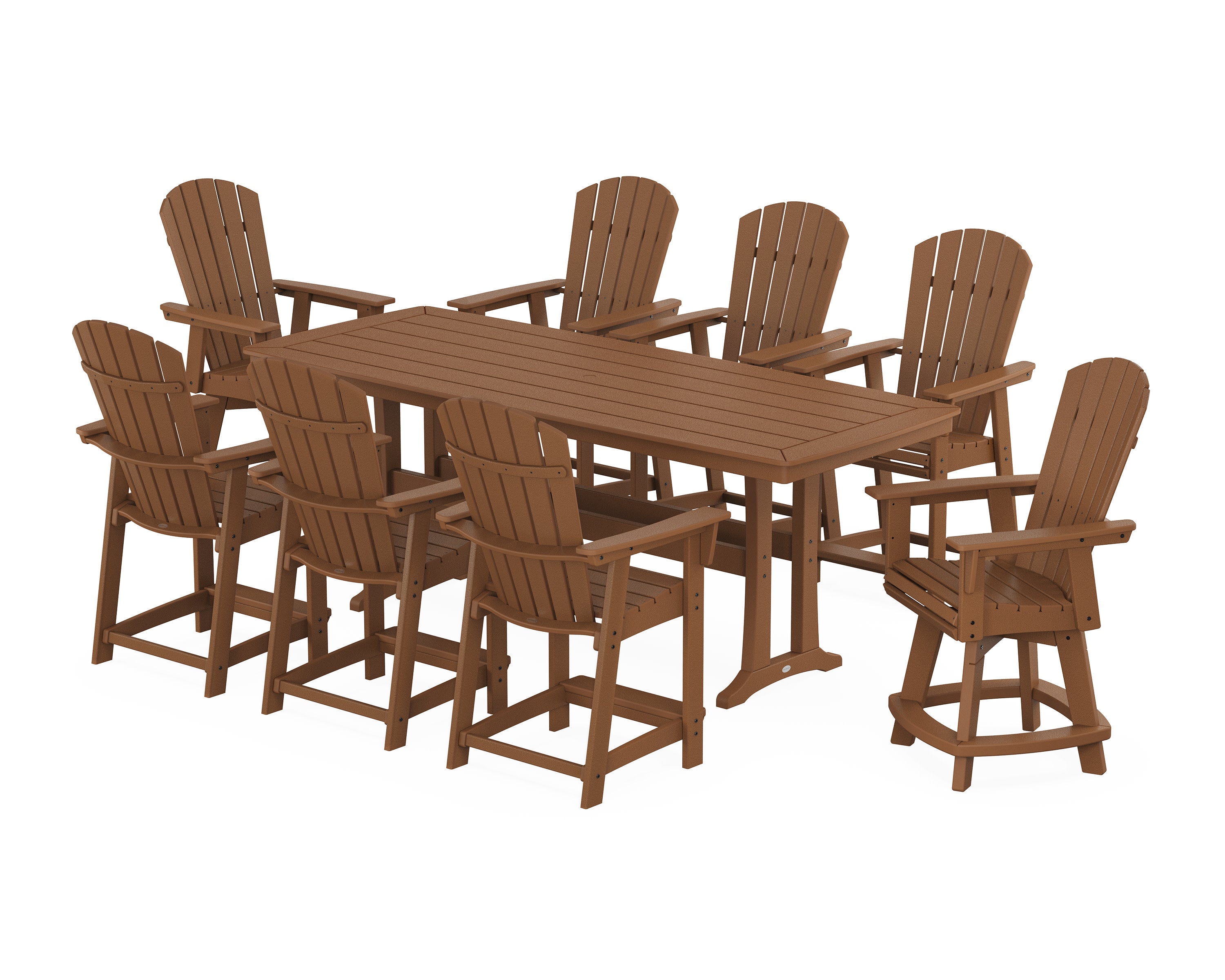 Nautical Curveback Adirondack Swivel 9-Piece Counter Set with Trestle Legs in Teak