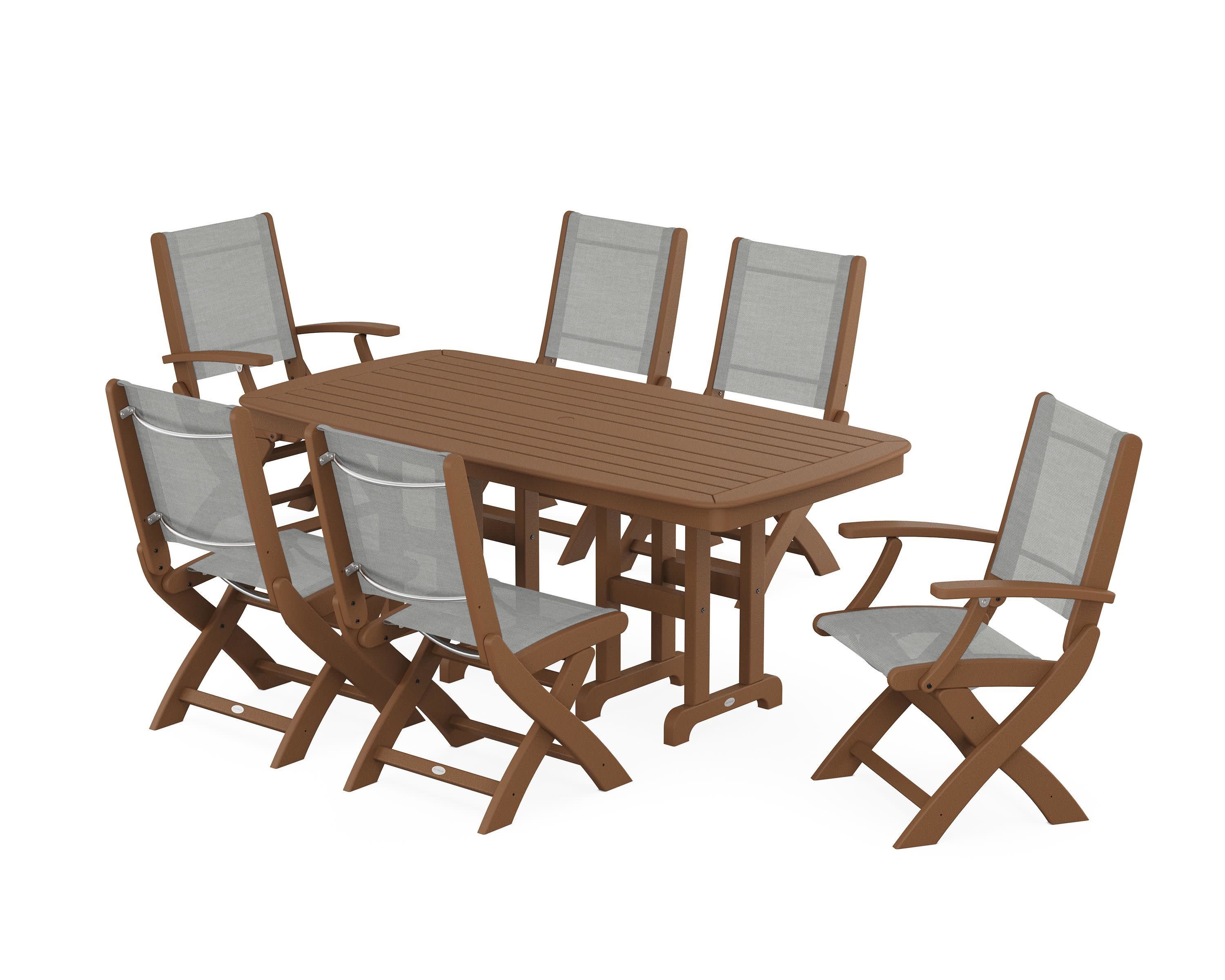 Coastal Folding Chair 7-Piece Dining Set in Teak / Metallic Sling