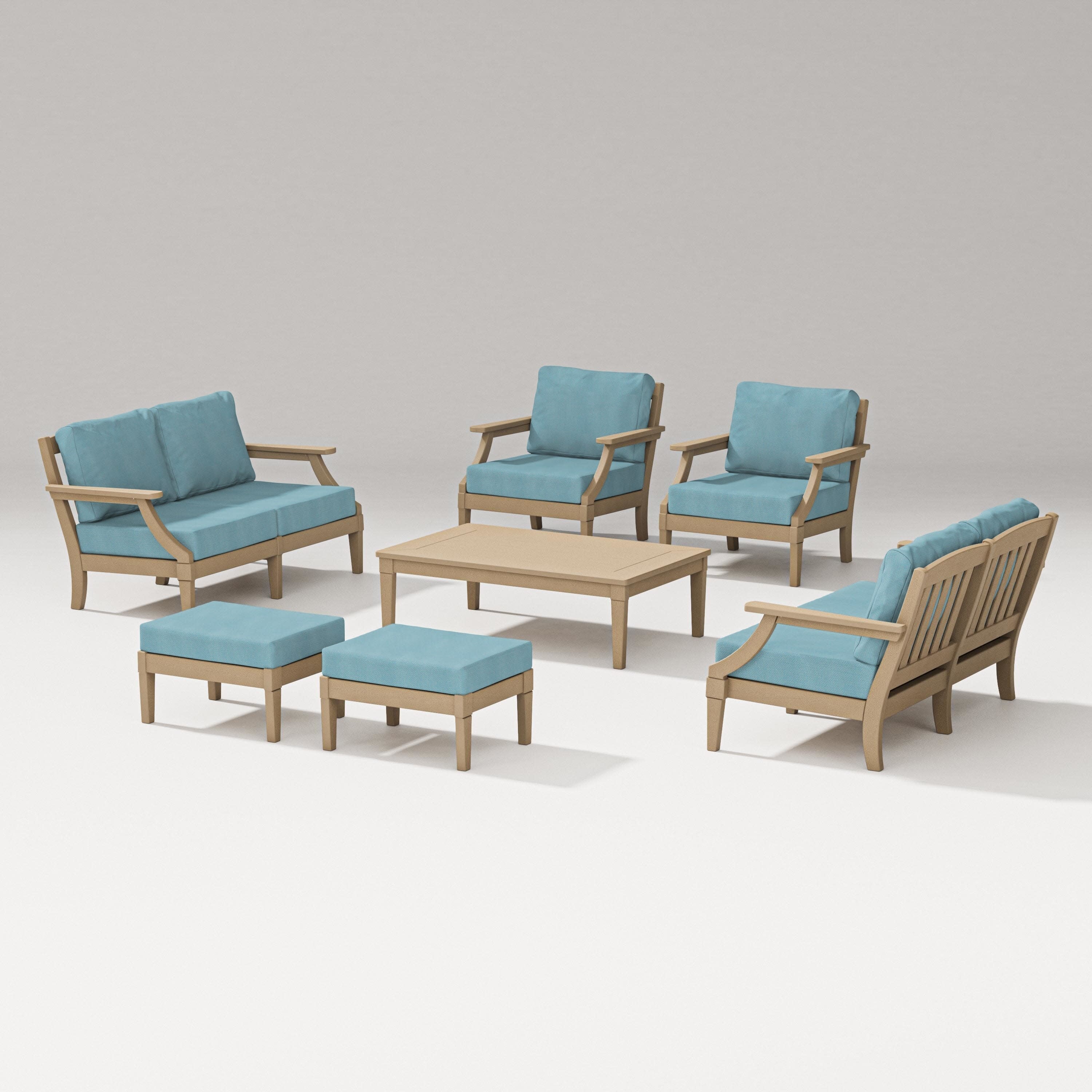 Estate 7-Piece Lounge Loveseat Set in Vintage Sahara / Lattice Sky Blue
