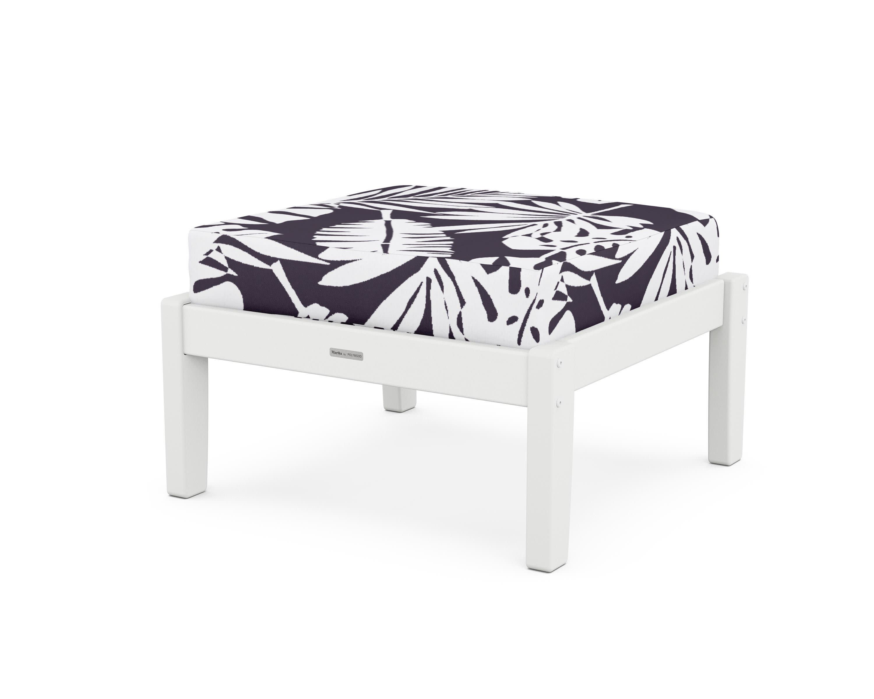 Chinoiserie Deep Seating Ottoman in White / Leaf Navy