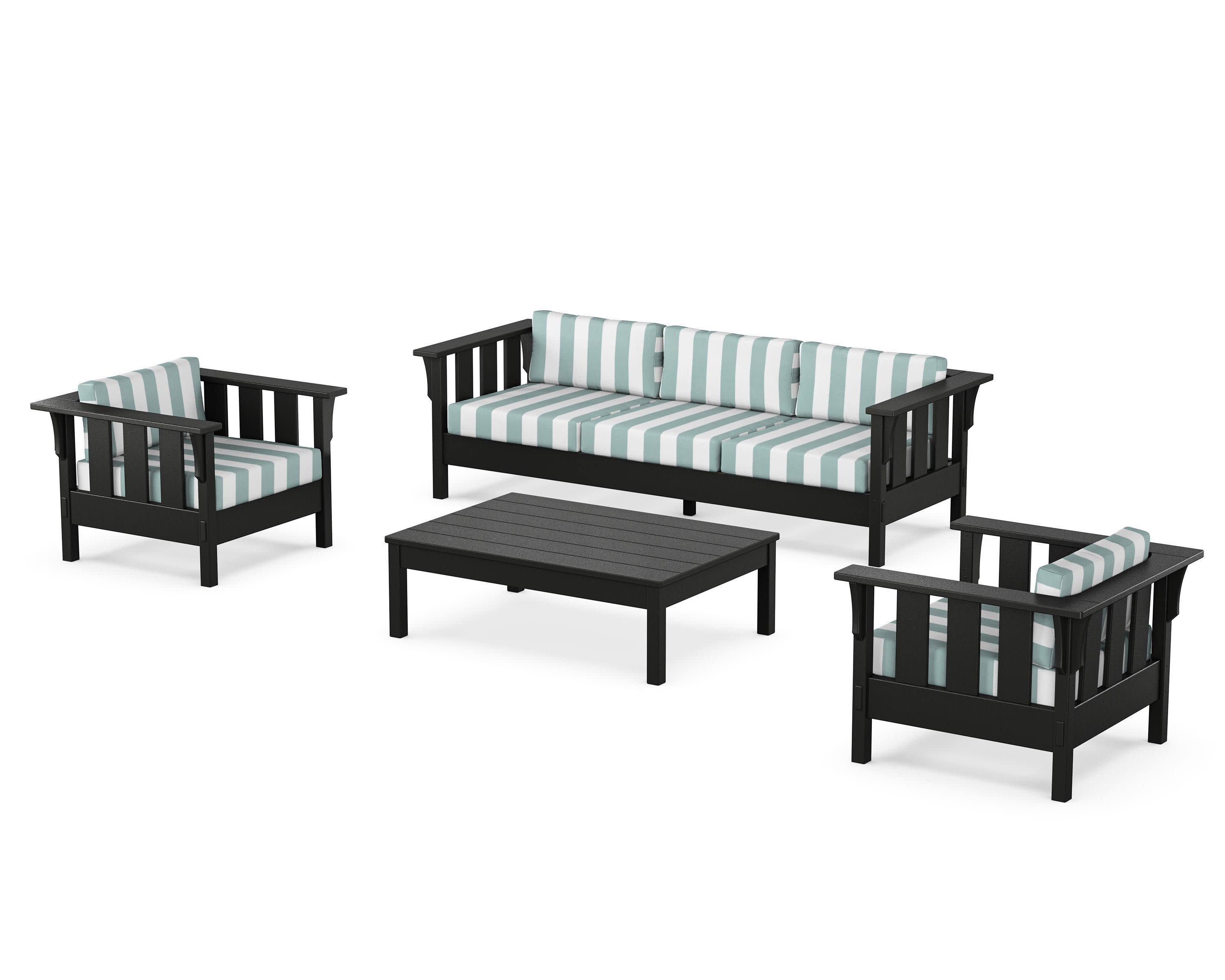 Acadia 4-Piece Deep Seating Set with Sofa in Black / Cabana Stripe Glacier Spa
