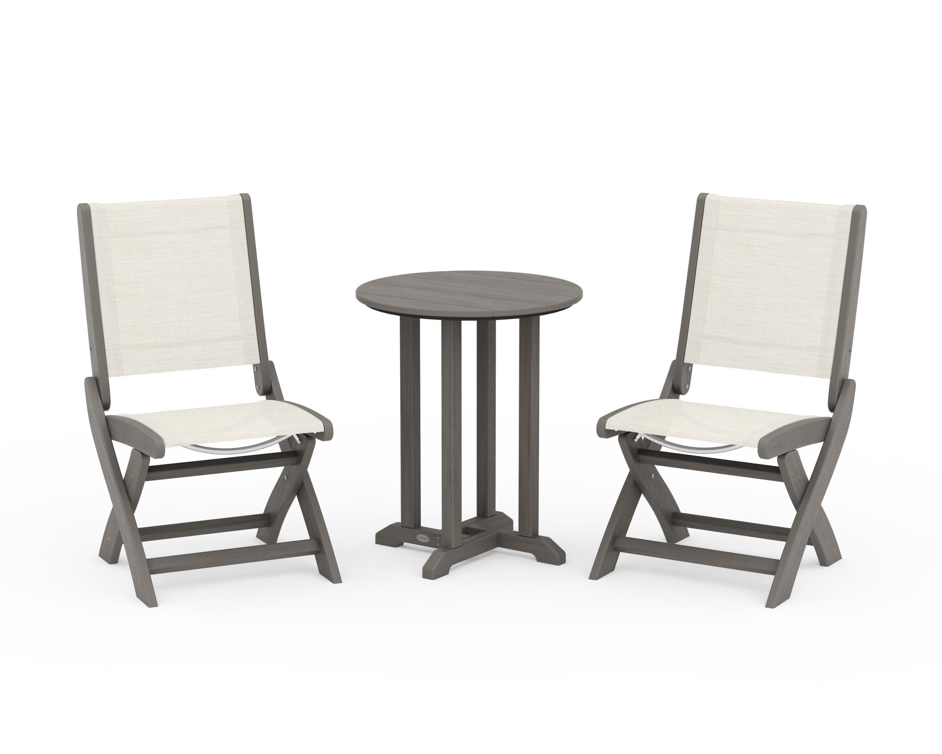Coastal Folding Side Chair 3-Piece Round Bistro Dining Set in Driftwood / Parchment Sling