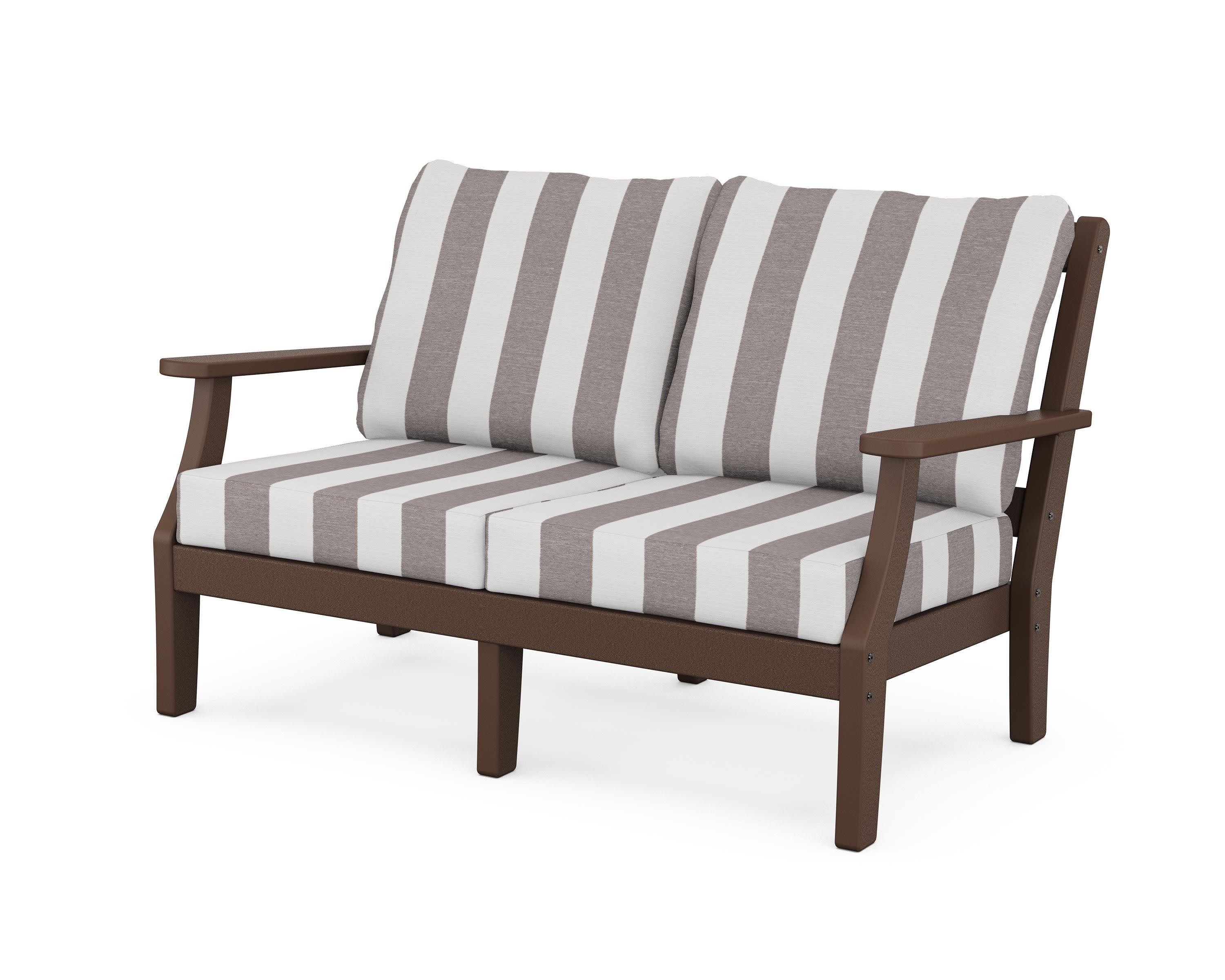 Chinoiserie Deep Seating Loveseat in Mahogany / Cabana Stripe Grey Mist