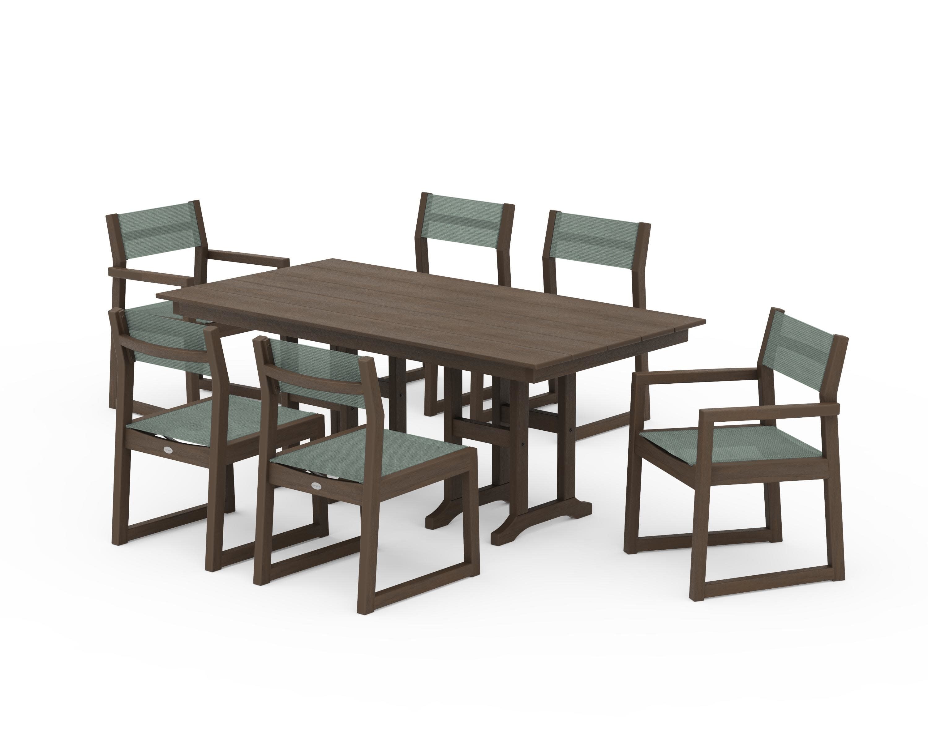 EDGE Sling 7-Piece Farmhouse Dining Set in Kona / Dupioni Sea Mist Sling