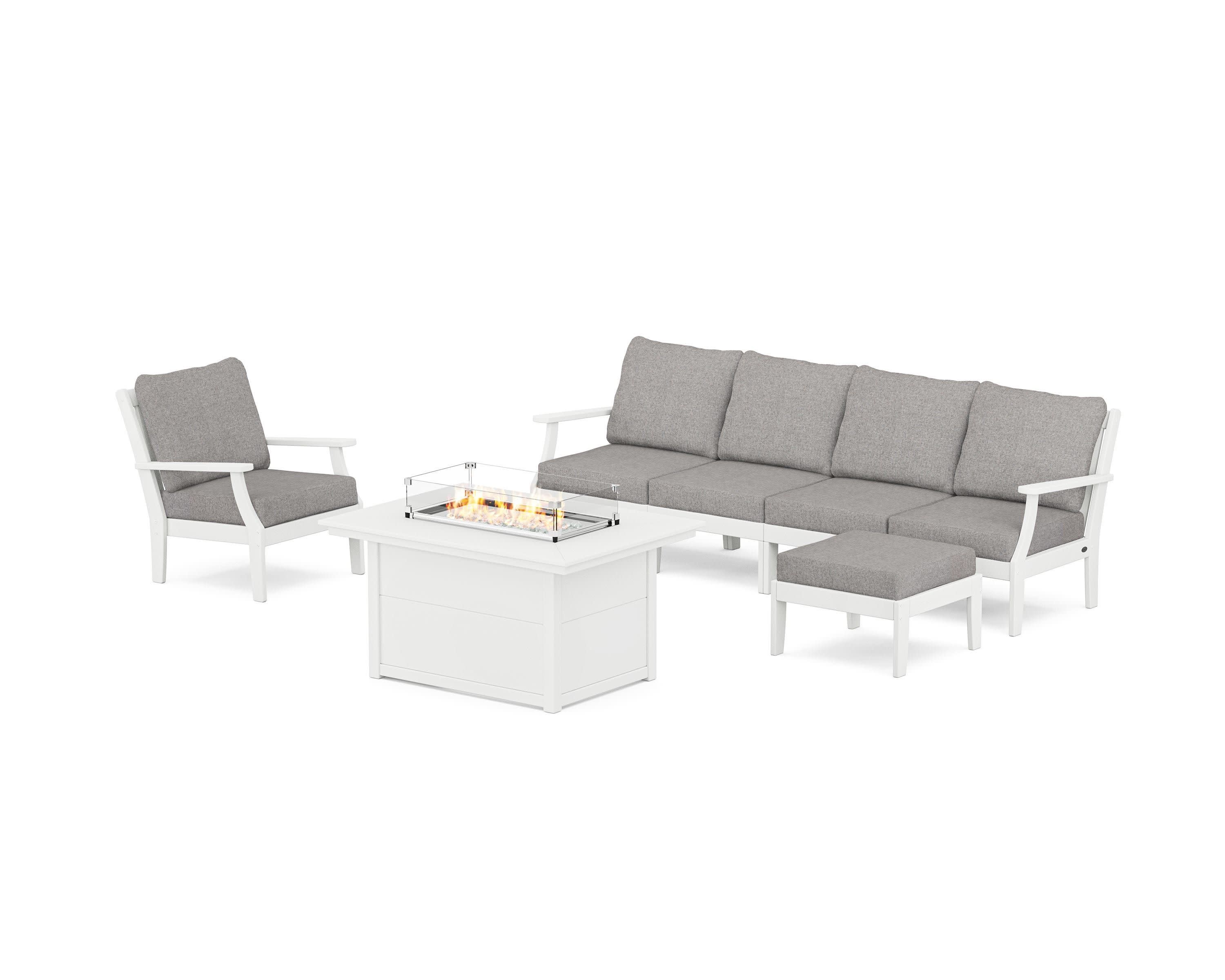 Braxton Sectional Lounge and Fire Pit Set in White / Grey Mist