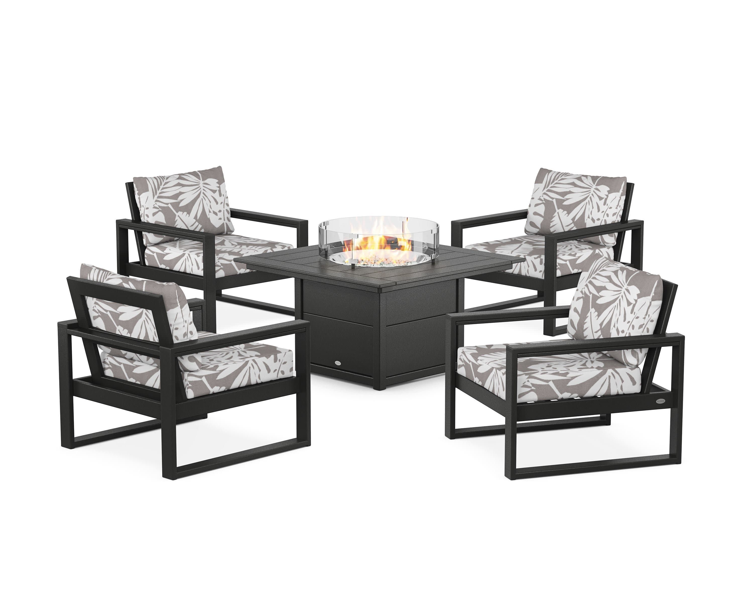 EDGE Sectional 5-Piece Deep Seating Set with Fire Pit Table in Black / Leaf Grey Mist