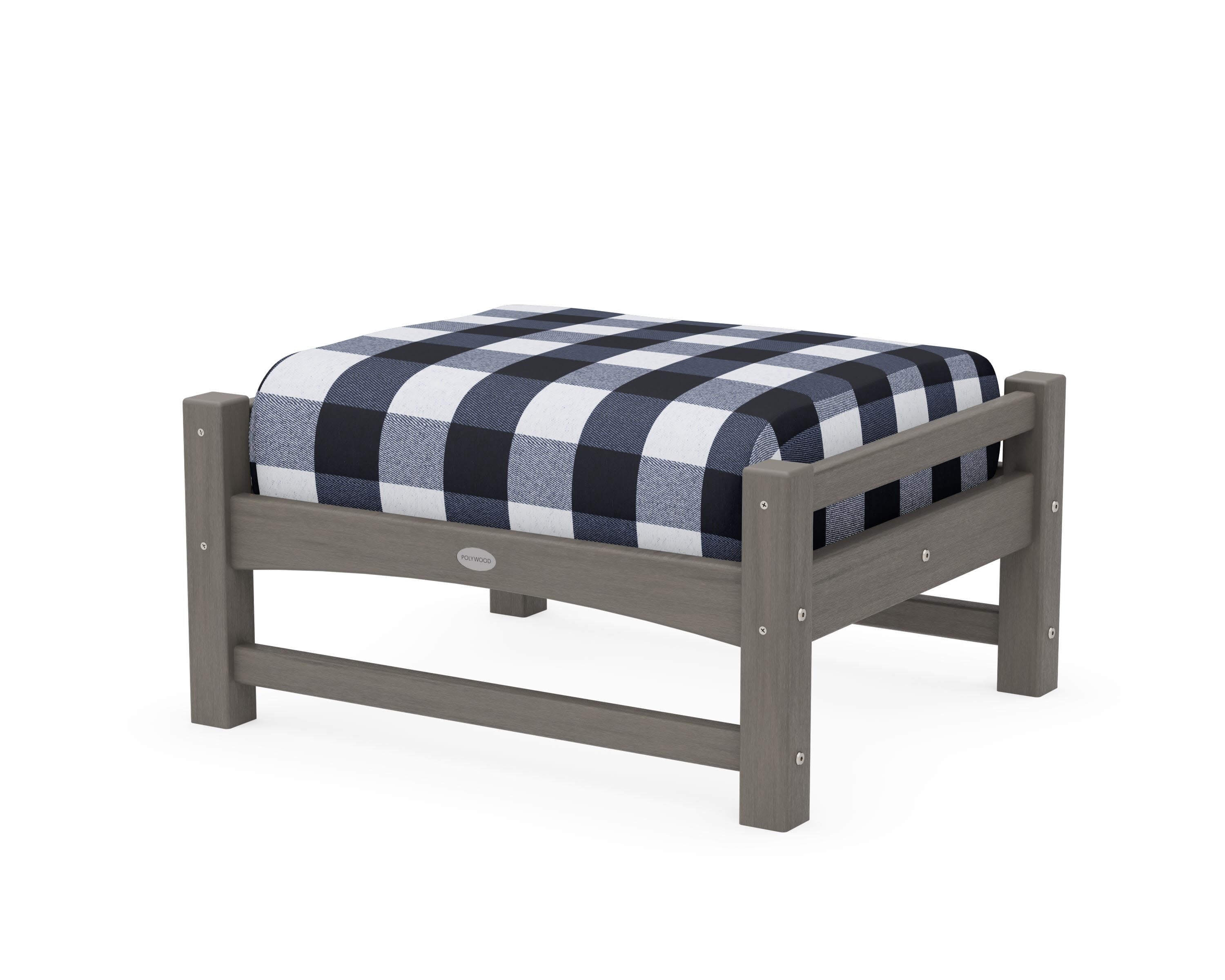 Club Ottoman in Driftwood / Buffalo Plaid Marine Indigo