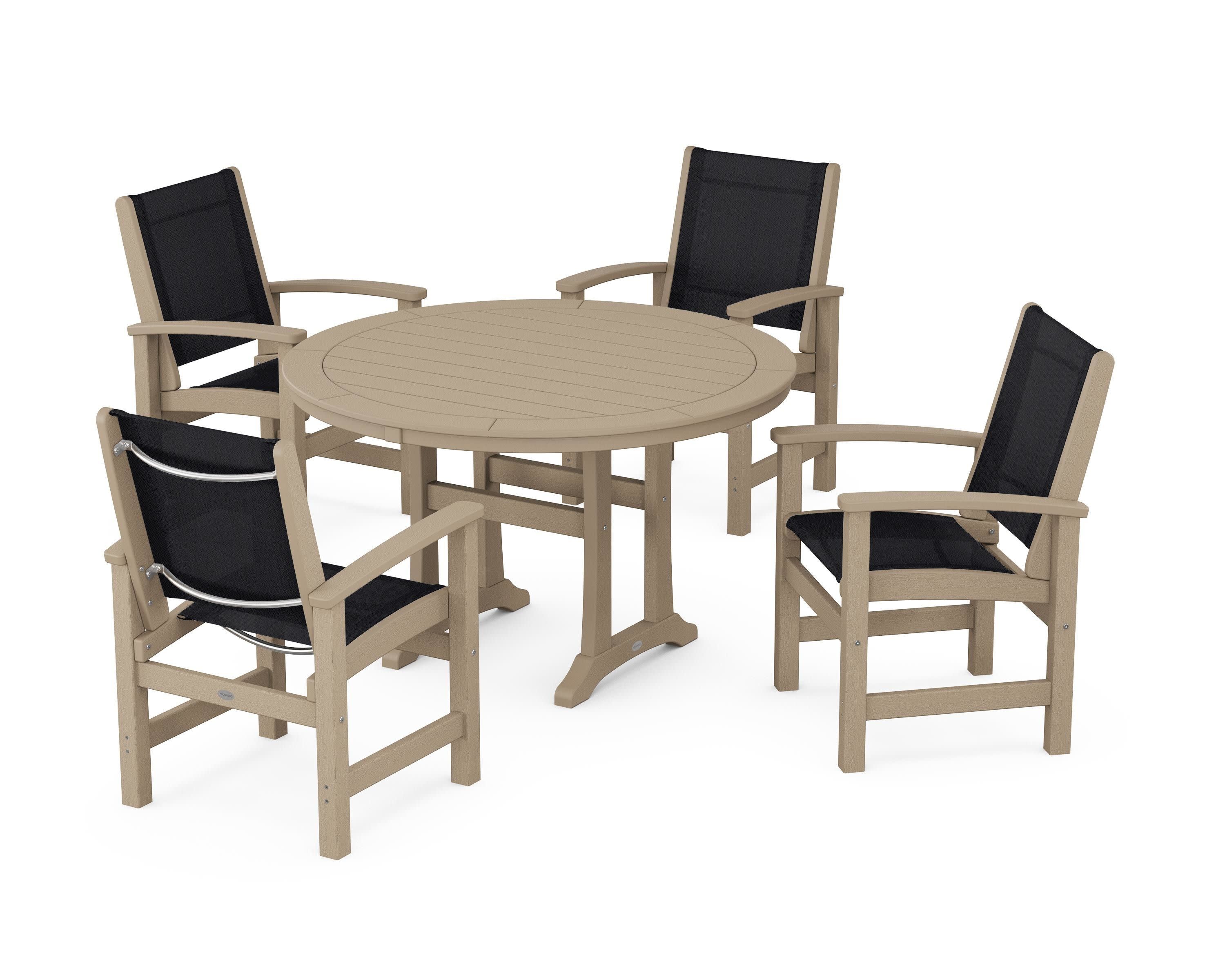 Coastal 5-Piece Round Dining Set with Trestle Legs in Vintage Sahara / Black Sling