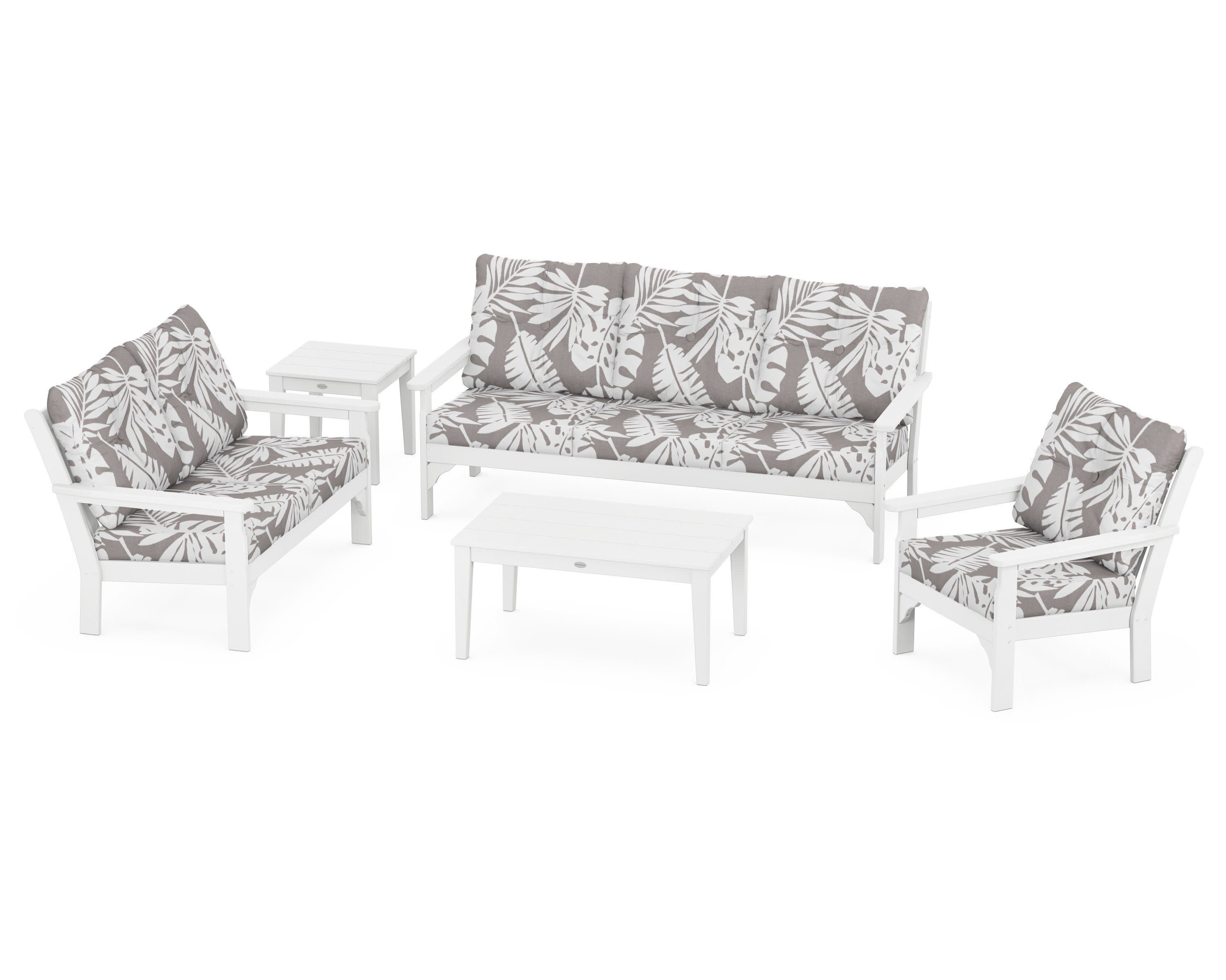Vineyard 5 Piece Deep Seating Set in White / Leaf Grey Mist