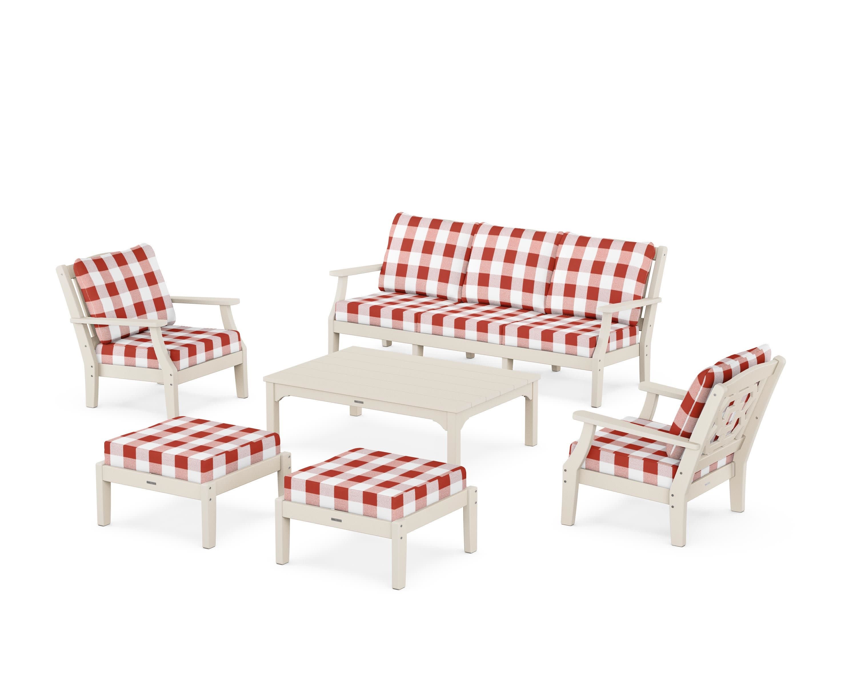 Chinoiserie 6-Piece Lounge Sofa Set in Sand / Buffalo Plaid Crimson