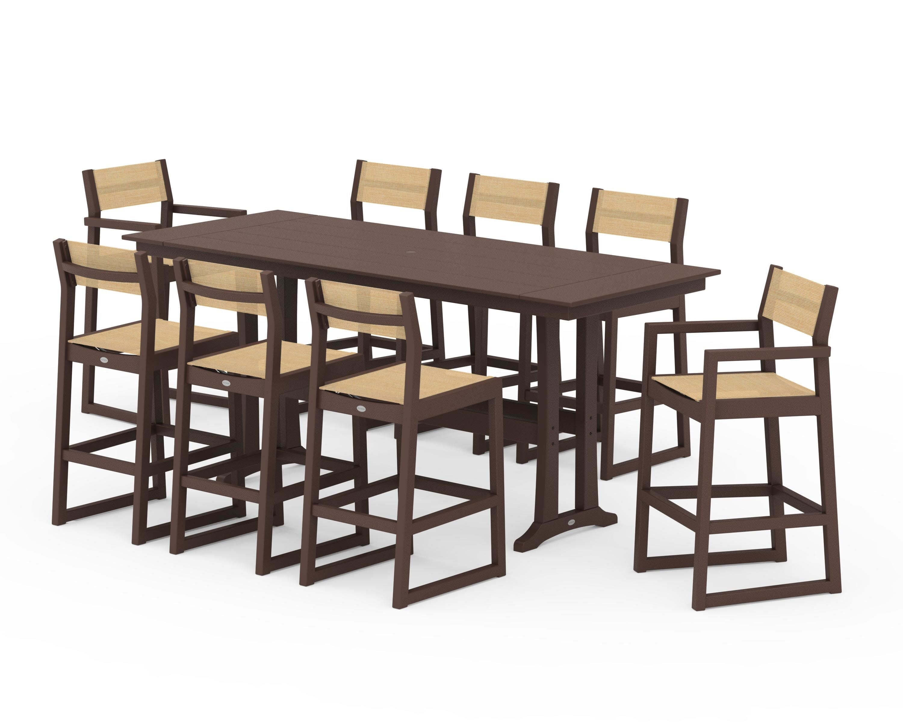 EDGE Sling 9-Piece Farmhouse Bar Set with Trestle Legs in Mahogany / Dupioni Apricot Sling