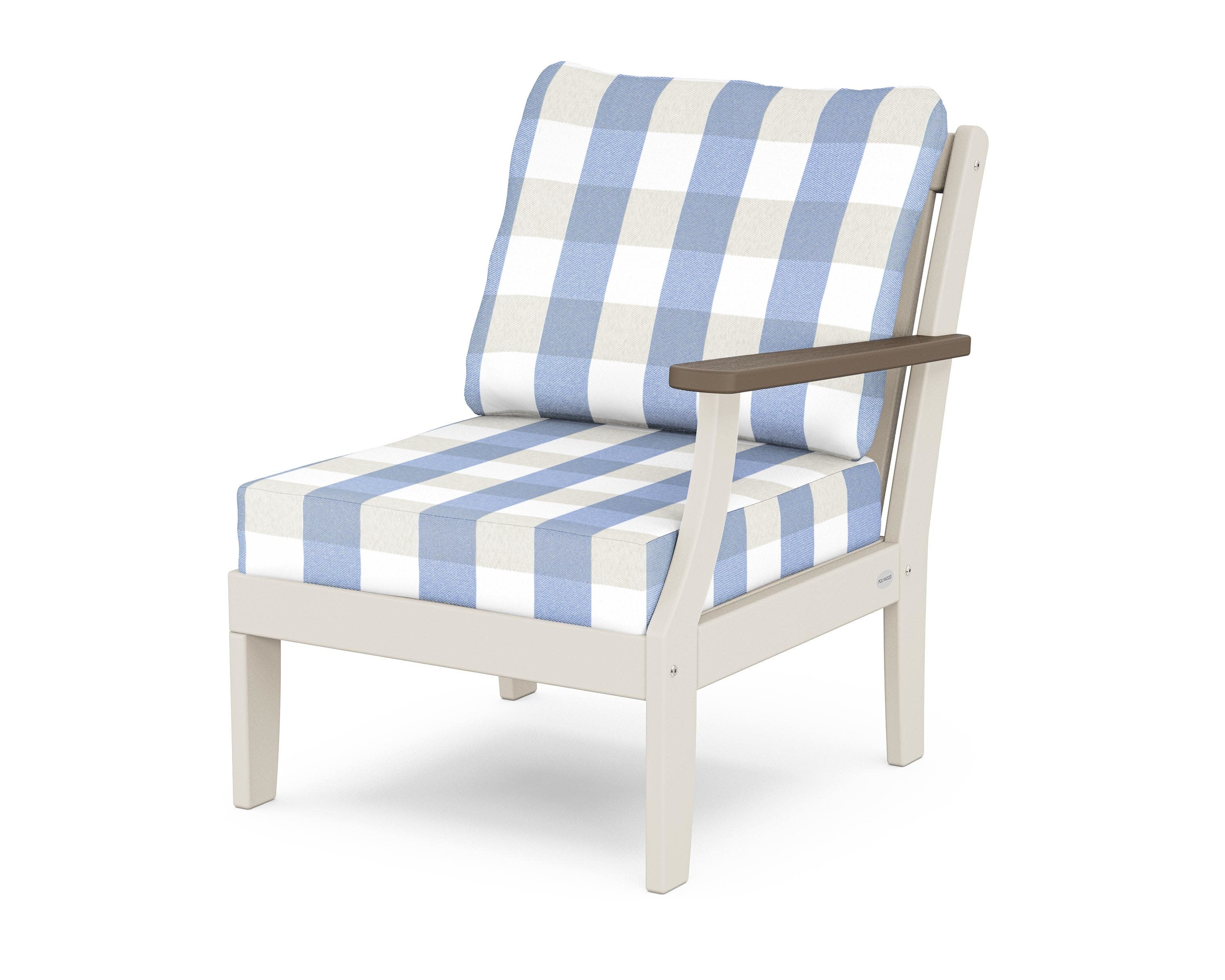 Braxton Modular Right Arm Chair in Sand / Kona / Buffalo Plaid Sky Blue