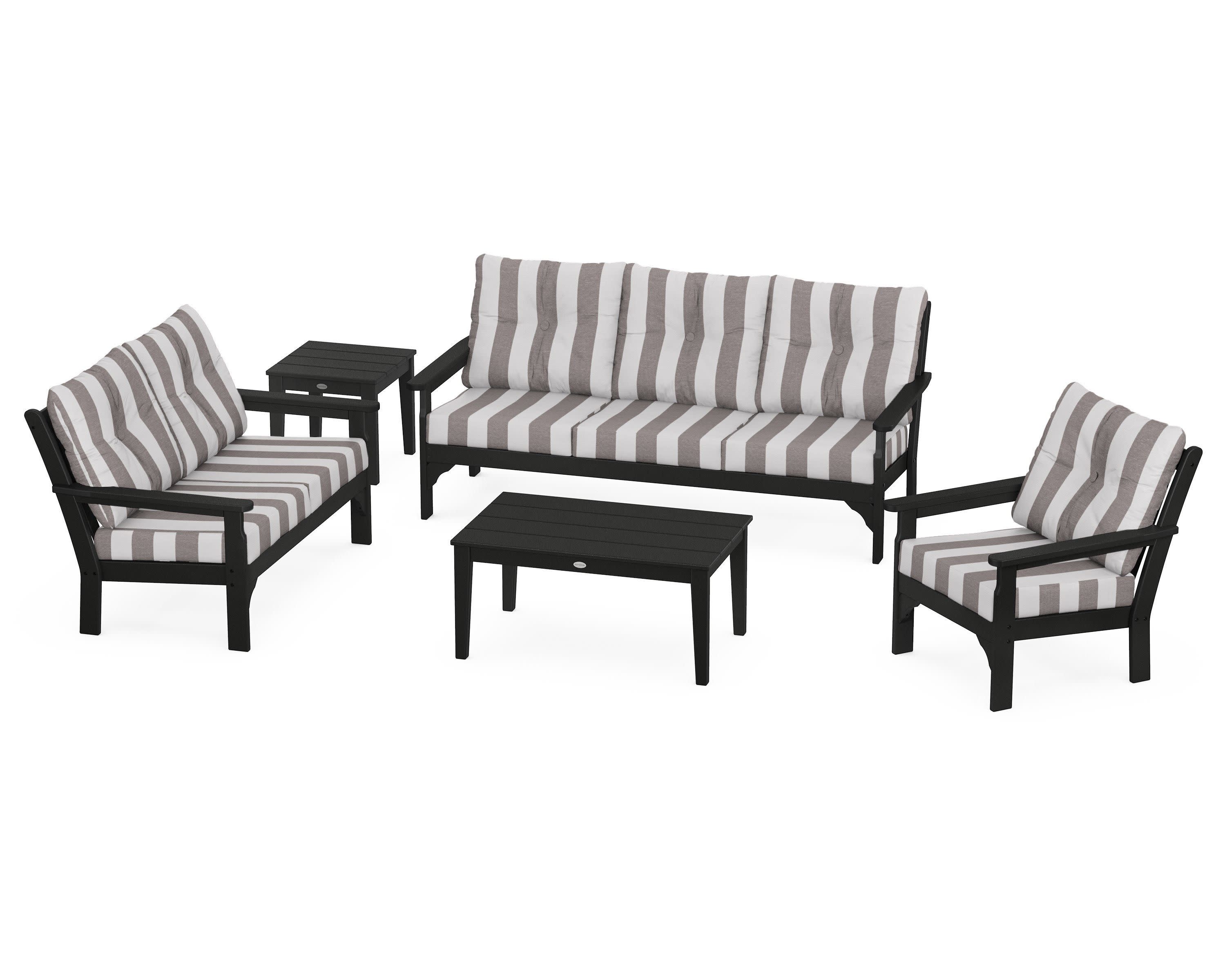 Vineyard 5 Piece Deep Seating Set in Black / Cabana Stripe Grey Mist