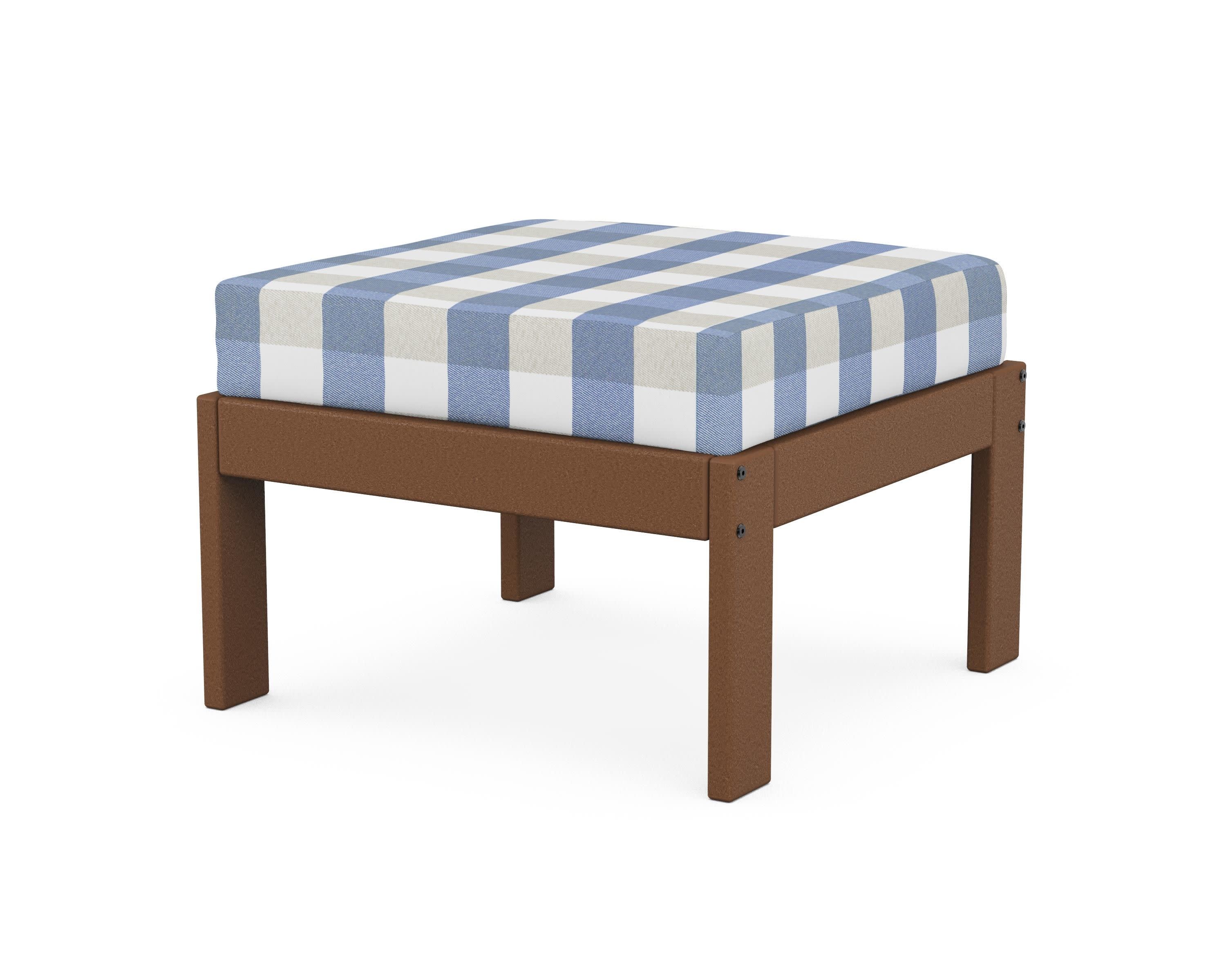 Vineyard Modular Ottoman in Teak / Buffalo Plaid Sky Blue