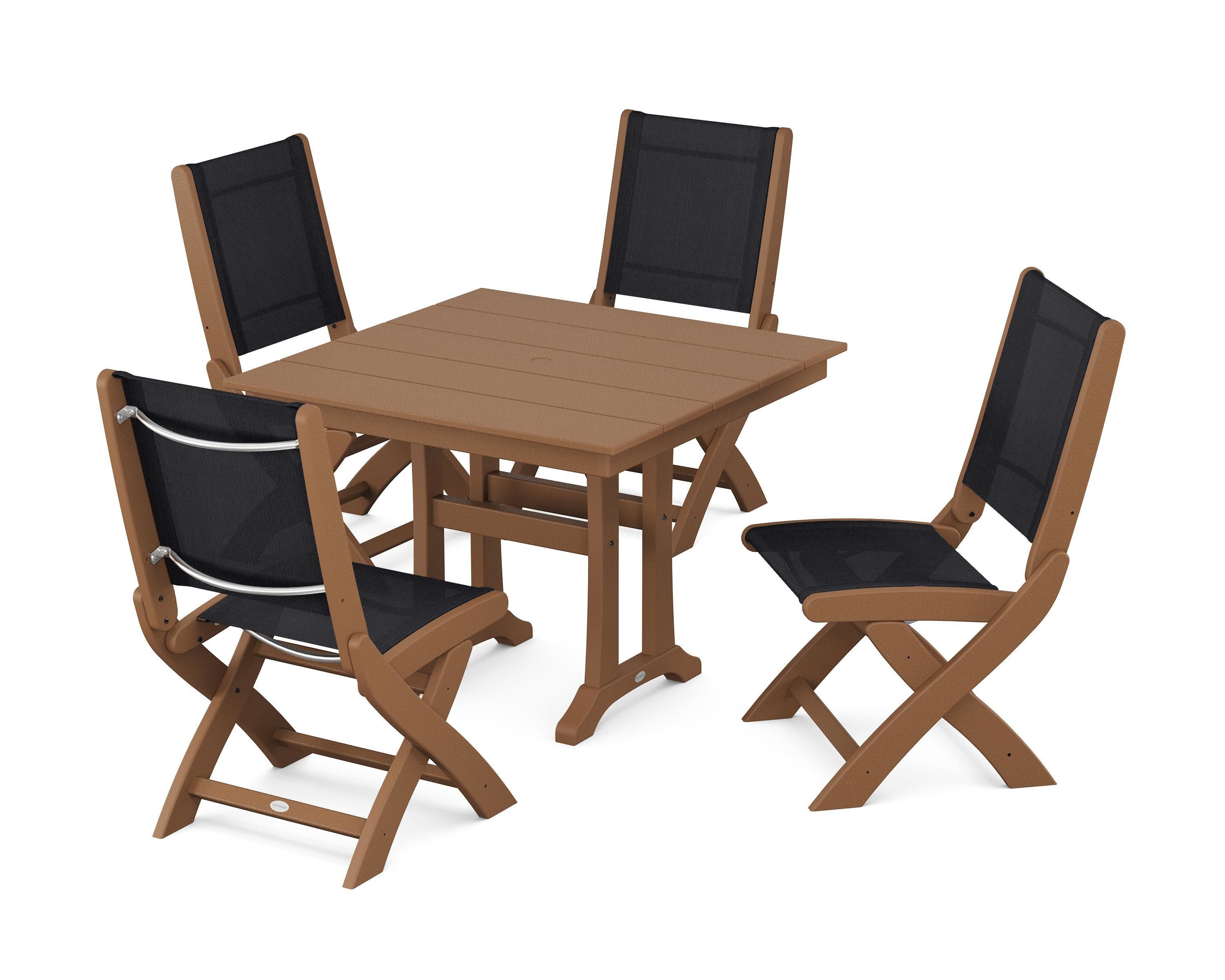 Coastal Folding Side Chair 5-Piece Farmhouse Dining Set With Trestle Legs in Teak / Black Sling