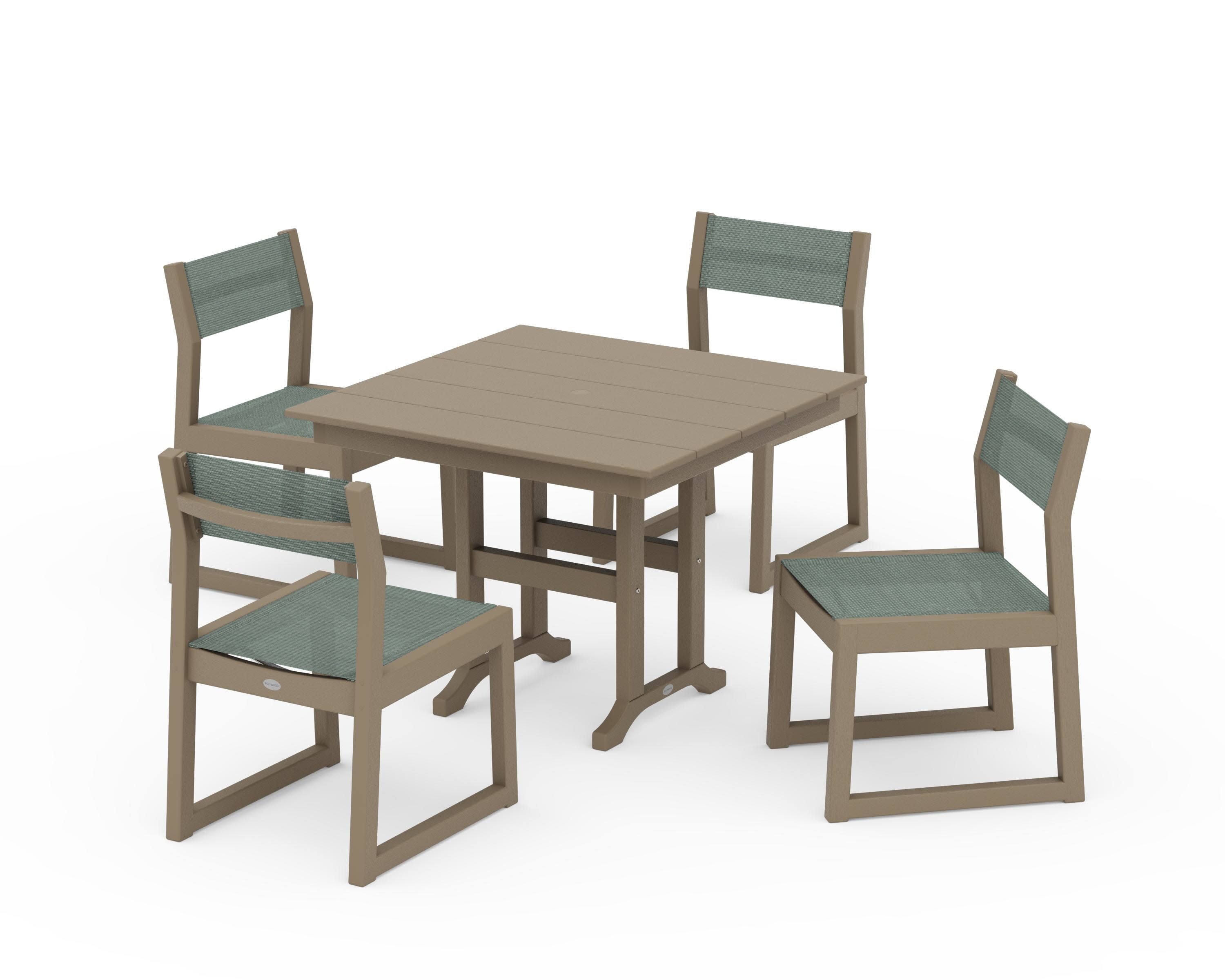 EDGE Sling Side Chair 5-Piece Farmhouse Dining Set in Vintage Sahara / Dupioni Sea Mist Sling