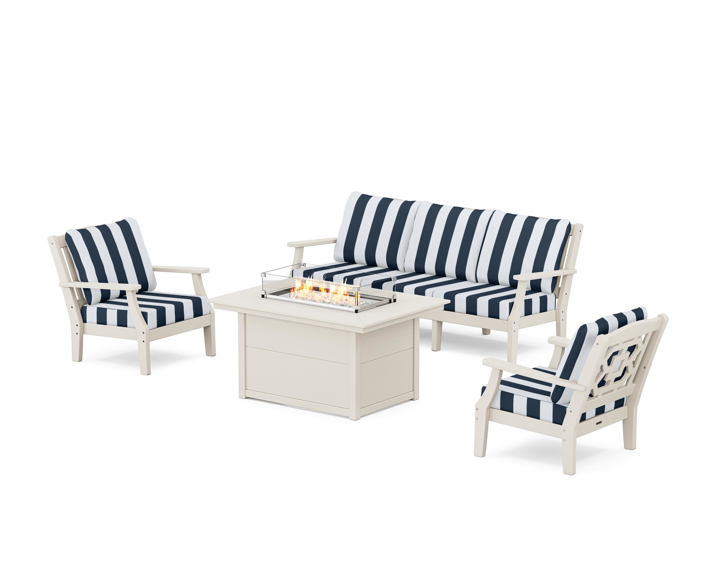 Chinoiserie Deep Seating Fire Pit Table Set in Sand / Cabana Stripe Marine Indigo