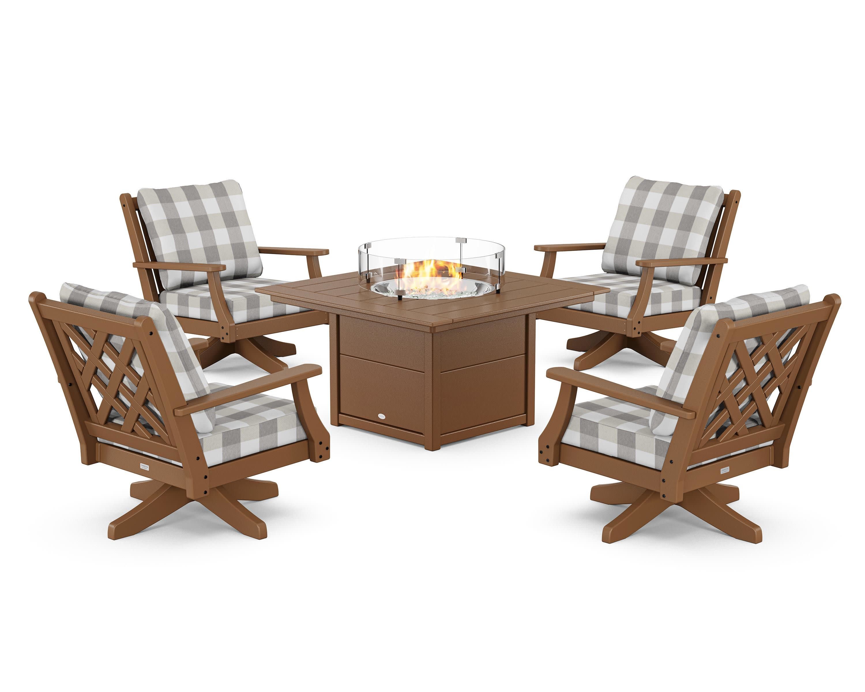 Wovendale 5-Piece Deep Seating Swivel Conversation Set with Fire Pit Table in Teak / Buffalo Plaid Grey Mist
