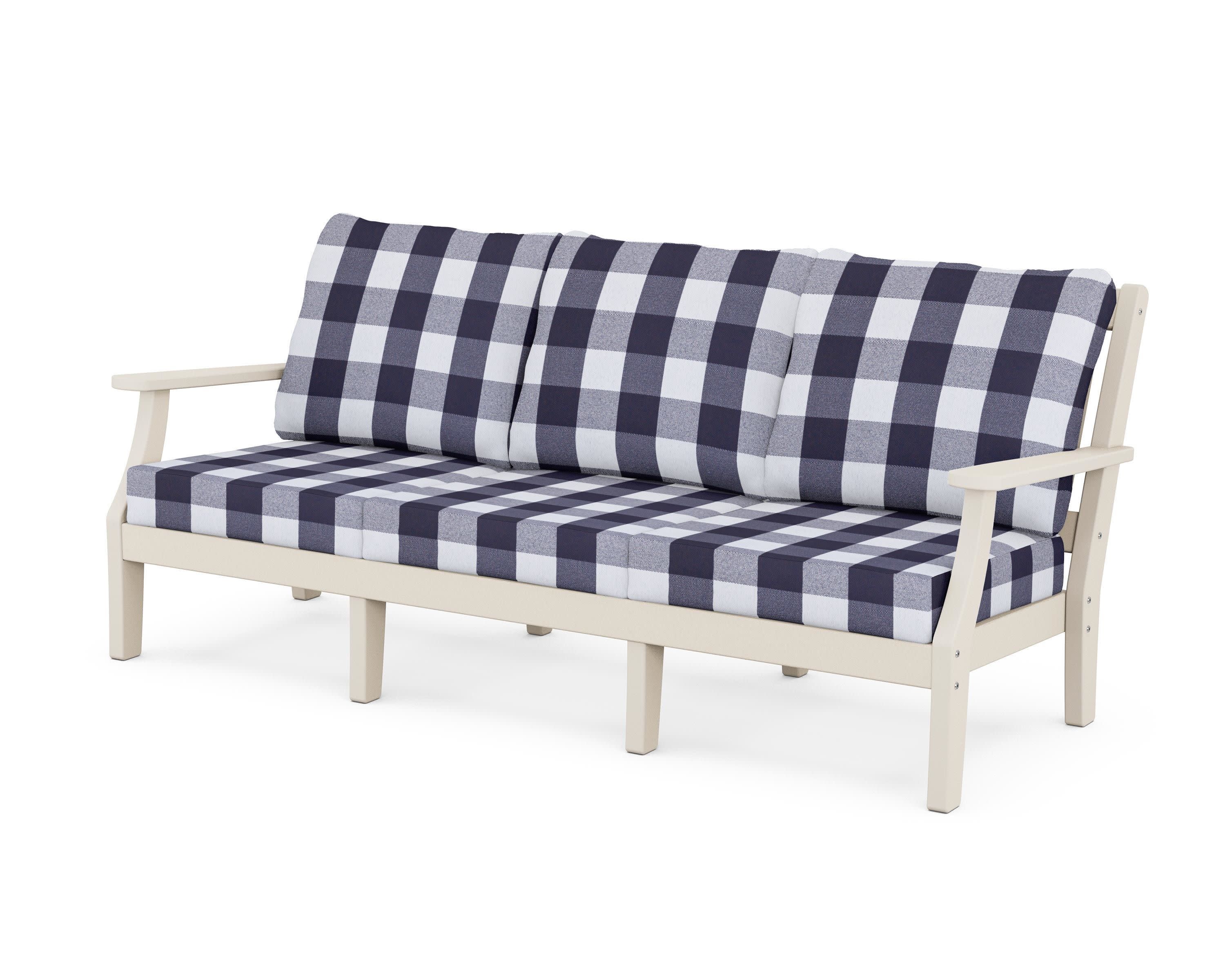 Chinoiserie Deep Seating Sofa in Sand / Buffalo Plaid Navy