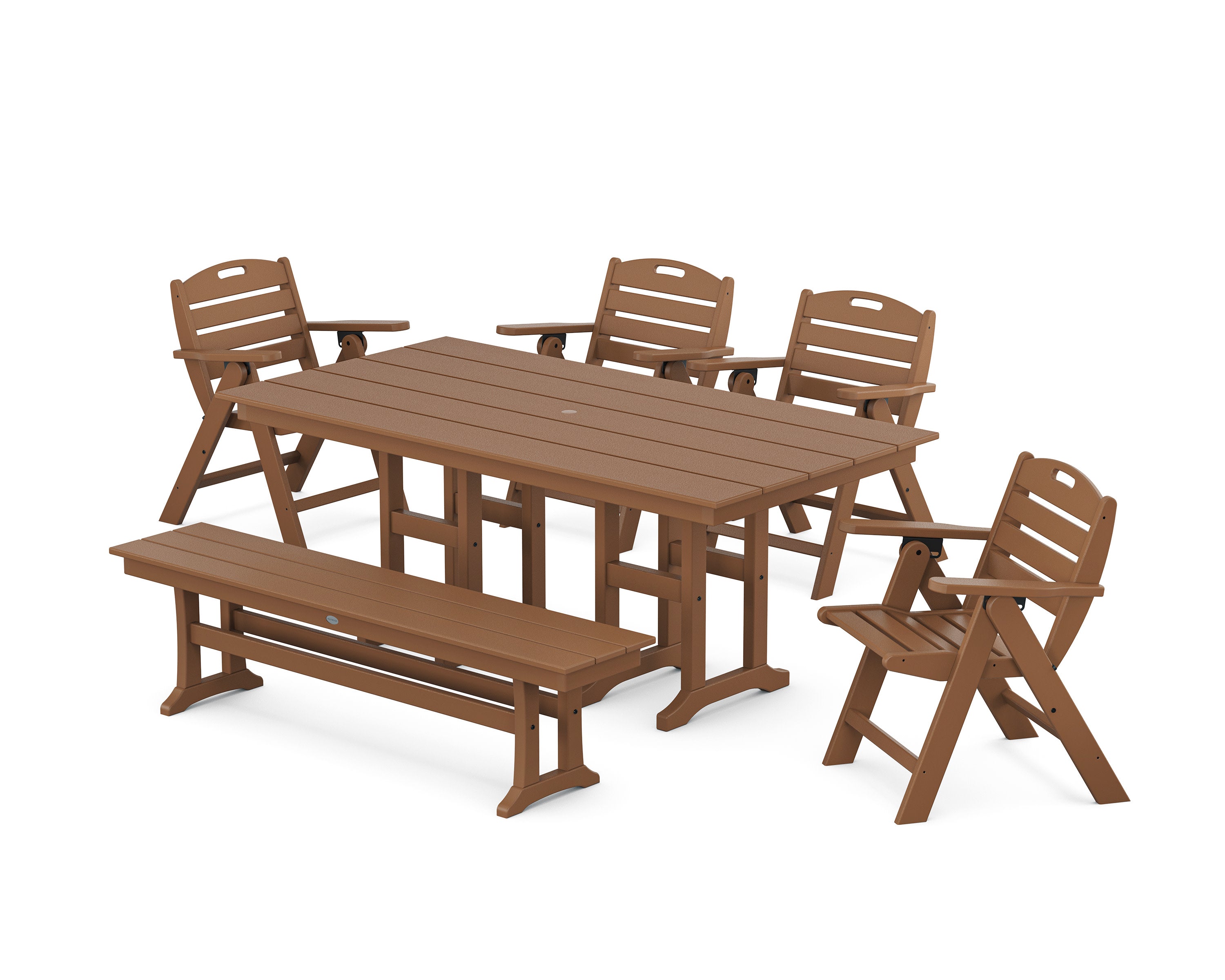 Nautical Lowback 6-Piece Farmhouse Dining Set with Bench in Teak