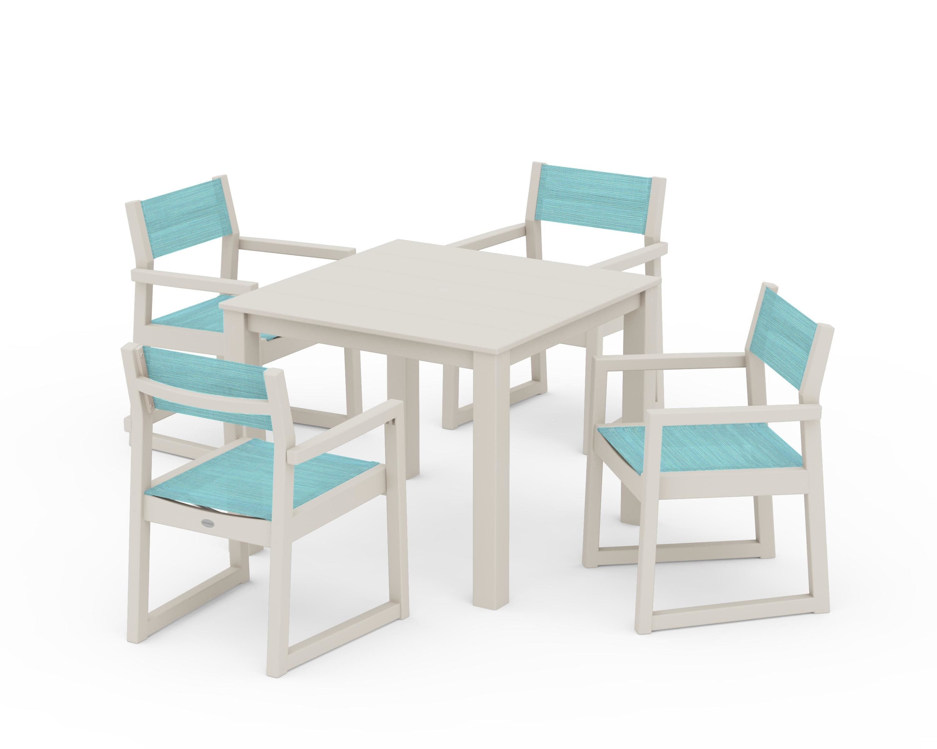 EDGE Sling Arm Chair 5-Piece Parsons Dining Set in Sand / Dupioni Aquamarine Sling