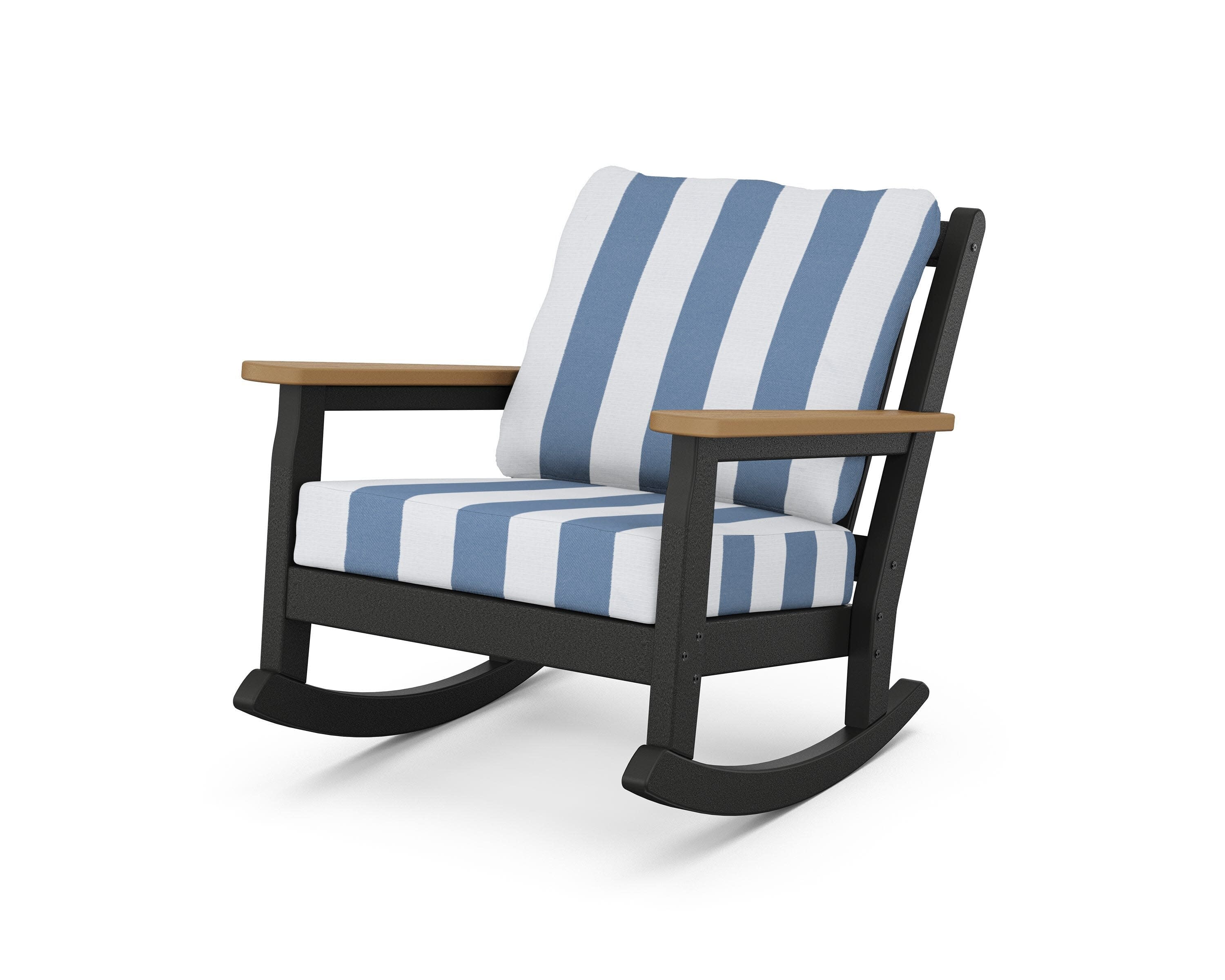 Chippendale Deep Seating Rocking Chair in Black / Natural / Cabana Stripe Sky Blue