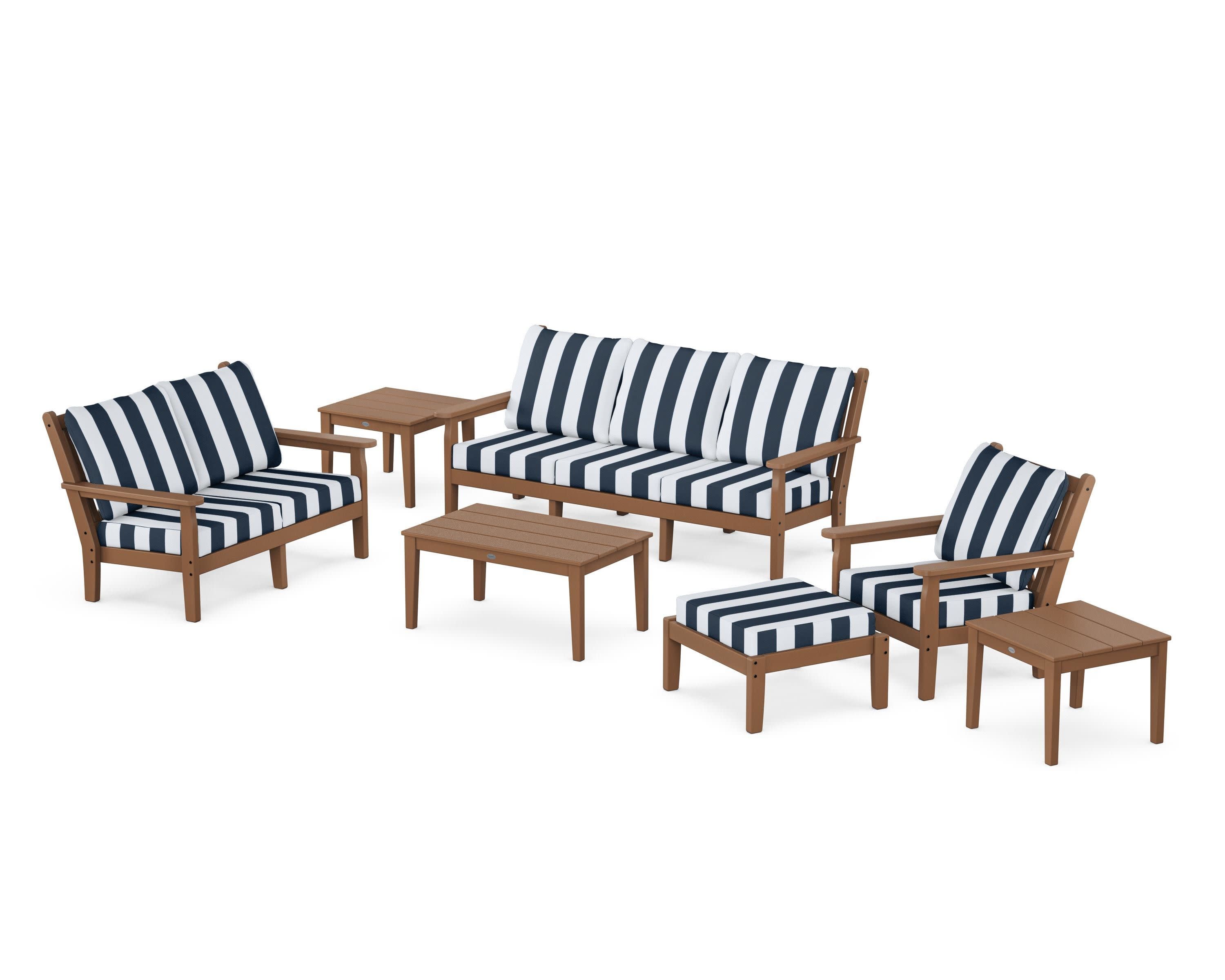 Chippendale 7-Piece Deep Seating Set in Teak / Cabana Stripe Marine Indigo