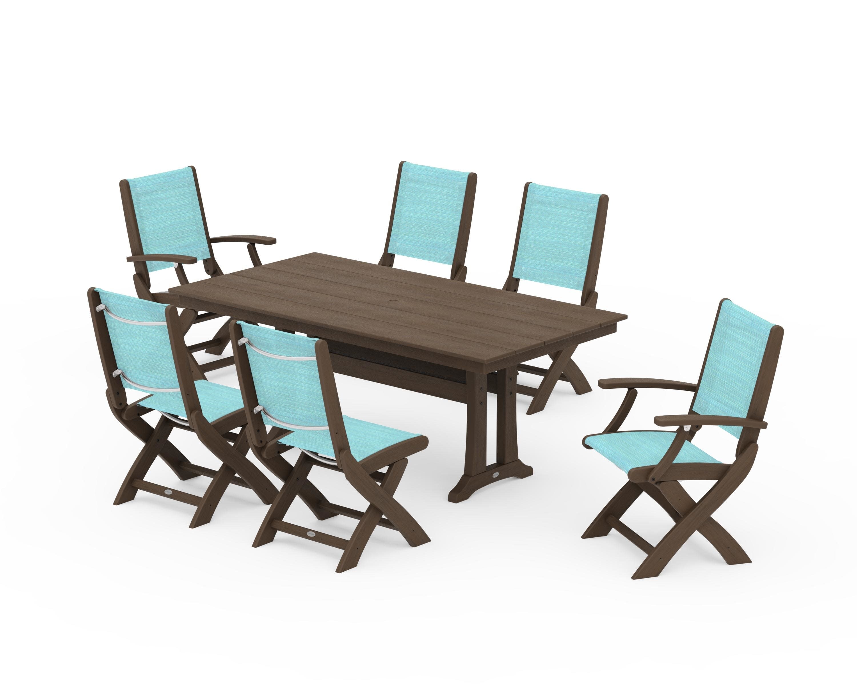 Coastal Folding Chair 7-Piece Farmhouse Dining Set with Trestle Legs in Kona / Dupioni Aquamarine Sling