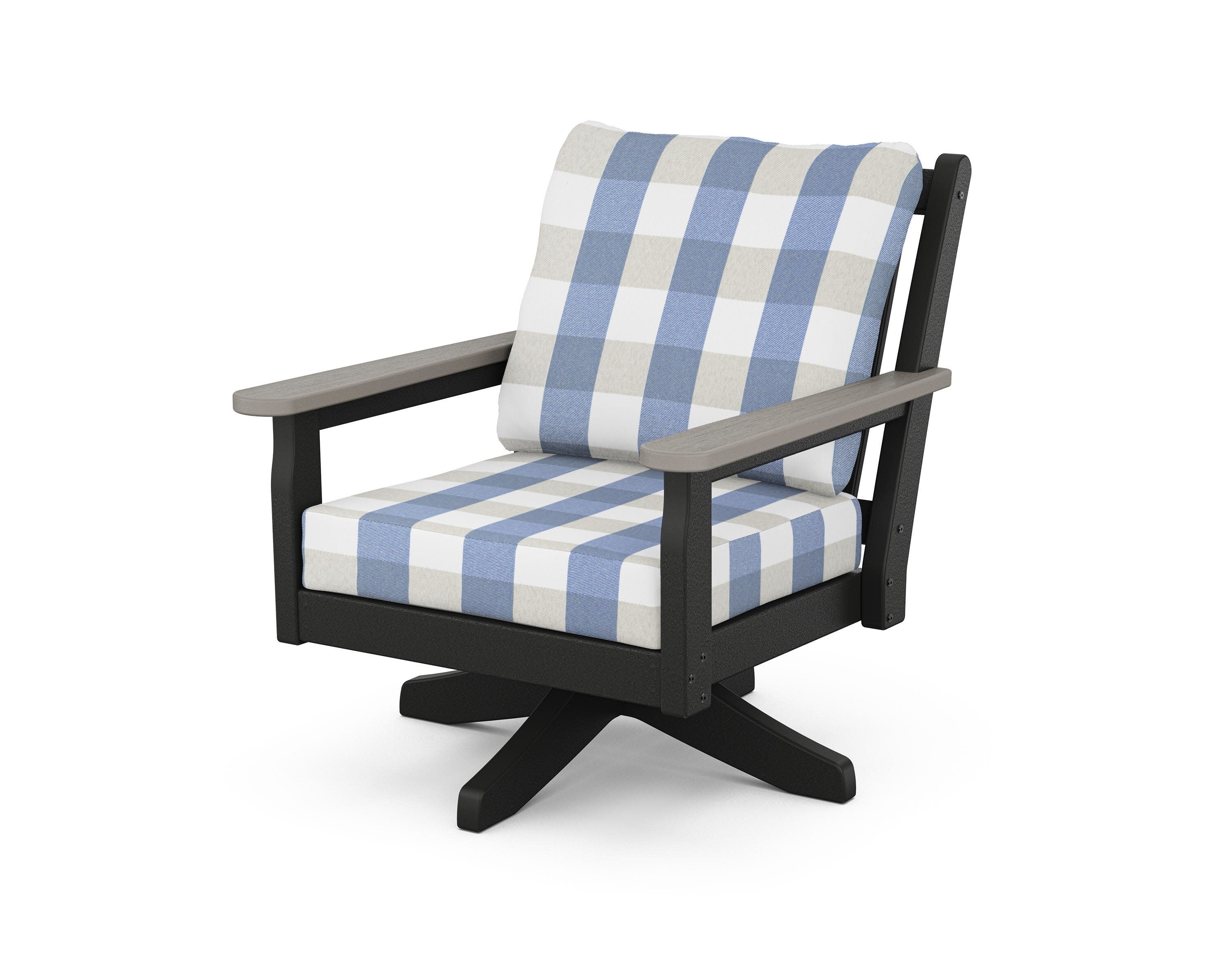 Chippendale Deep Seating Swivel Chair in Black / Driftwood / Buffalo Plaid Sky Blue