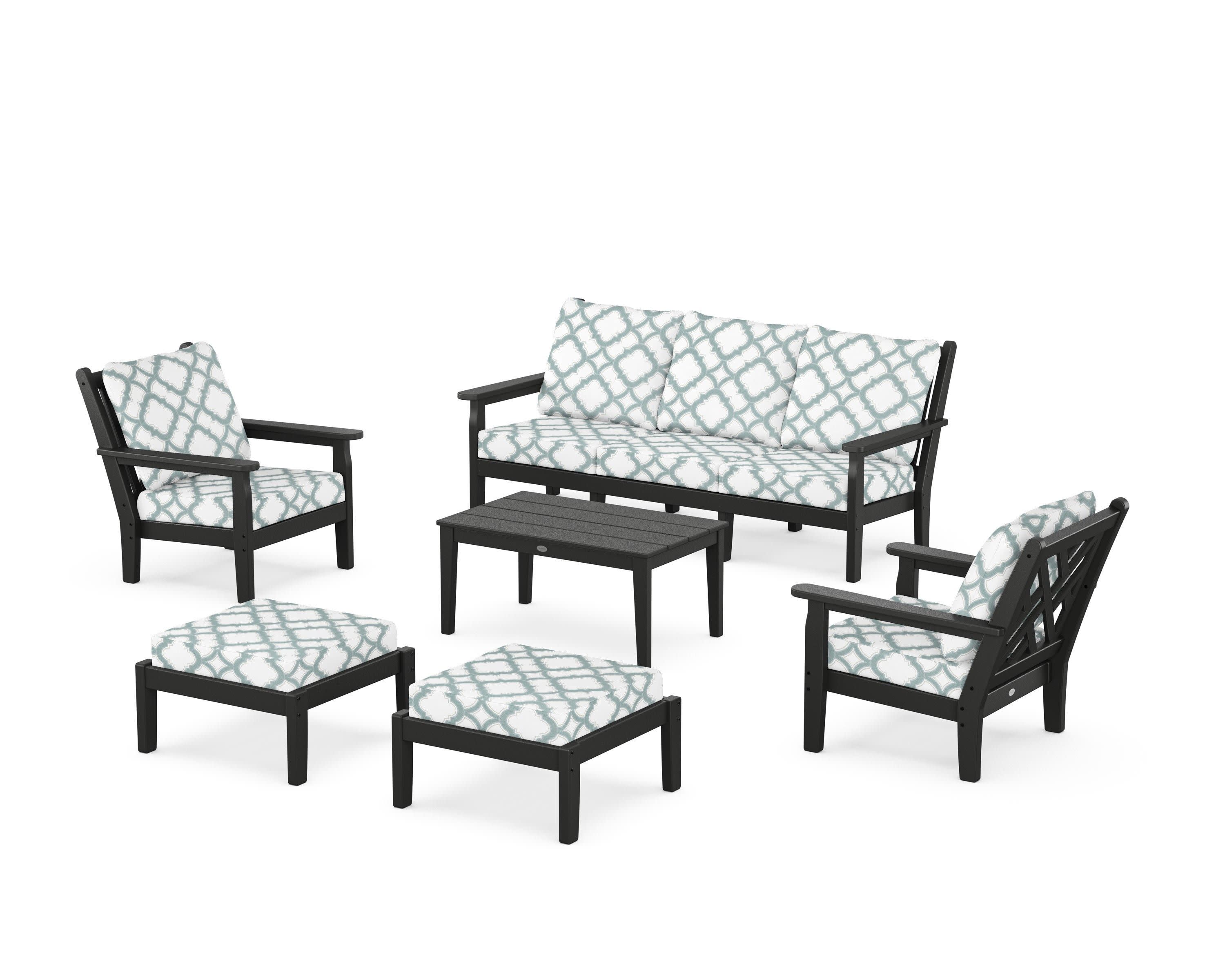 Chippendale 6-Piece Lounge Sofa Set in Black / Trellis Glacier Spa