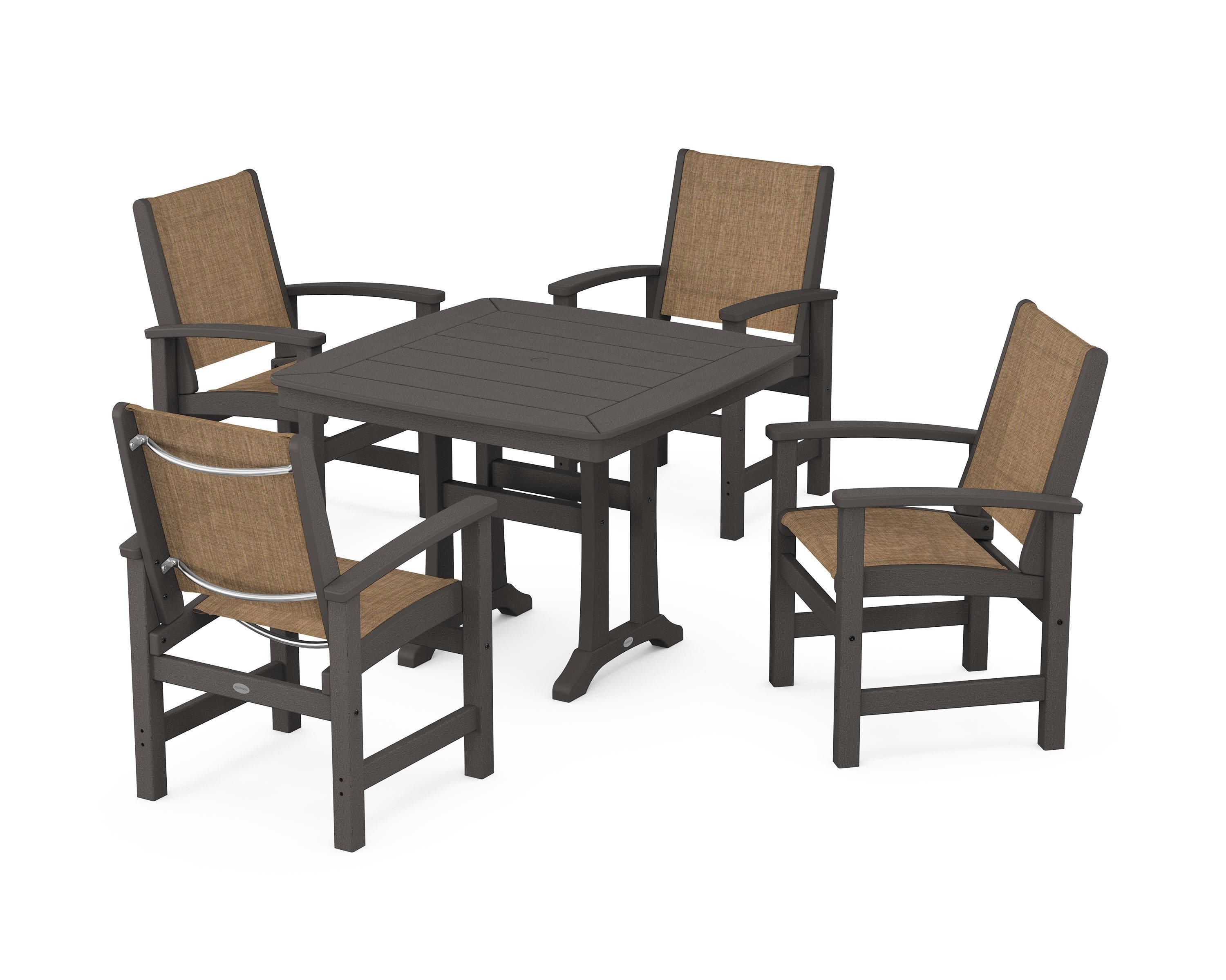Coastal 5-Piece Dining Set with Trestle Legs in Vintage Coffee / Burlap Sling