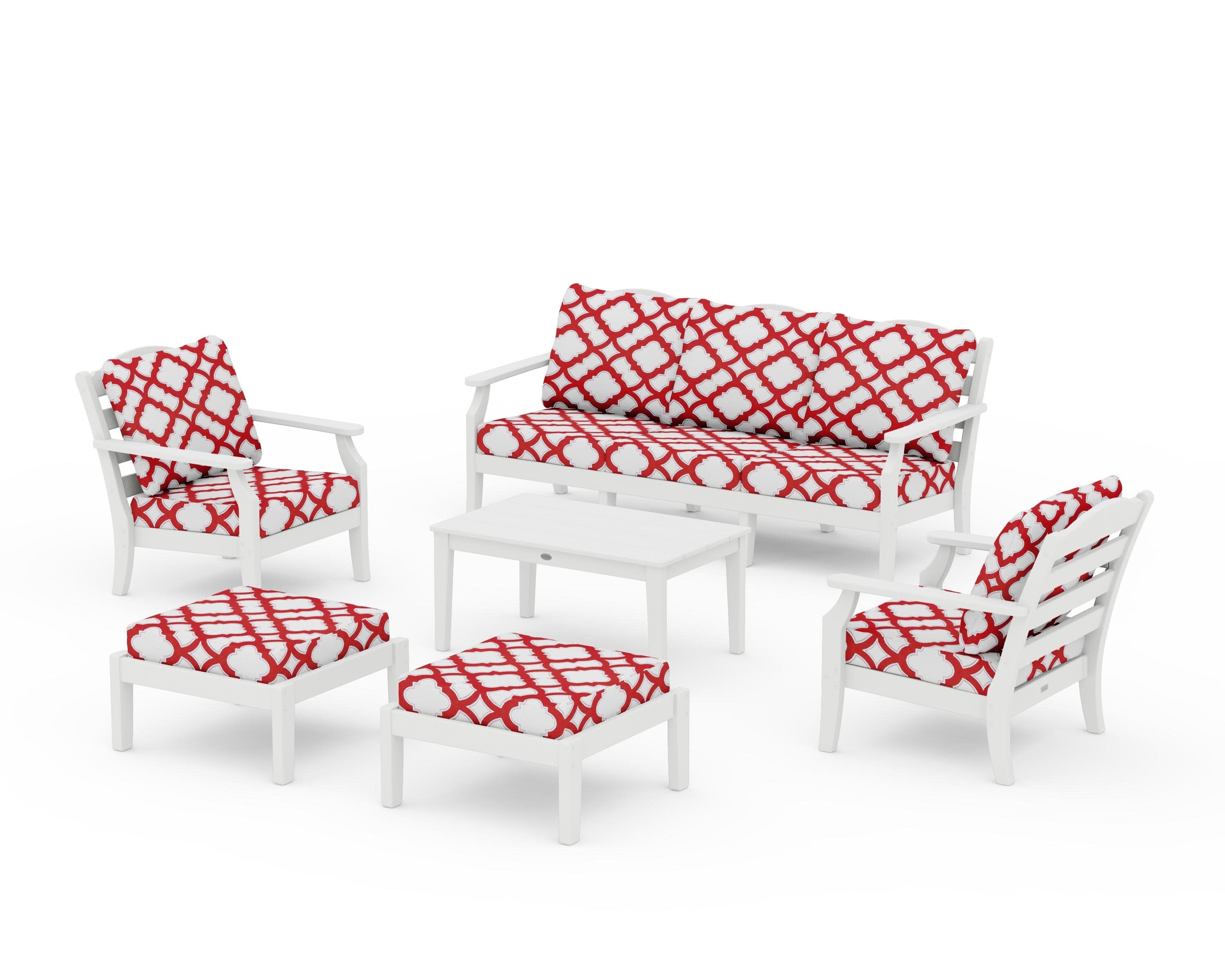 Savannah 6-Piece Lounge Sofa Set in Vintage White / Trellis Crimson
