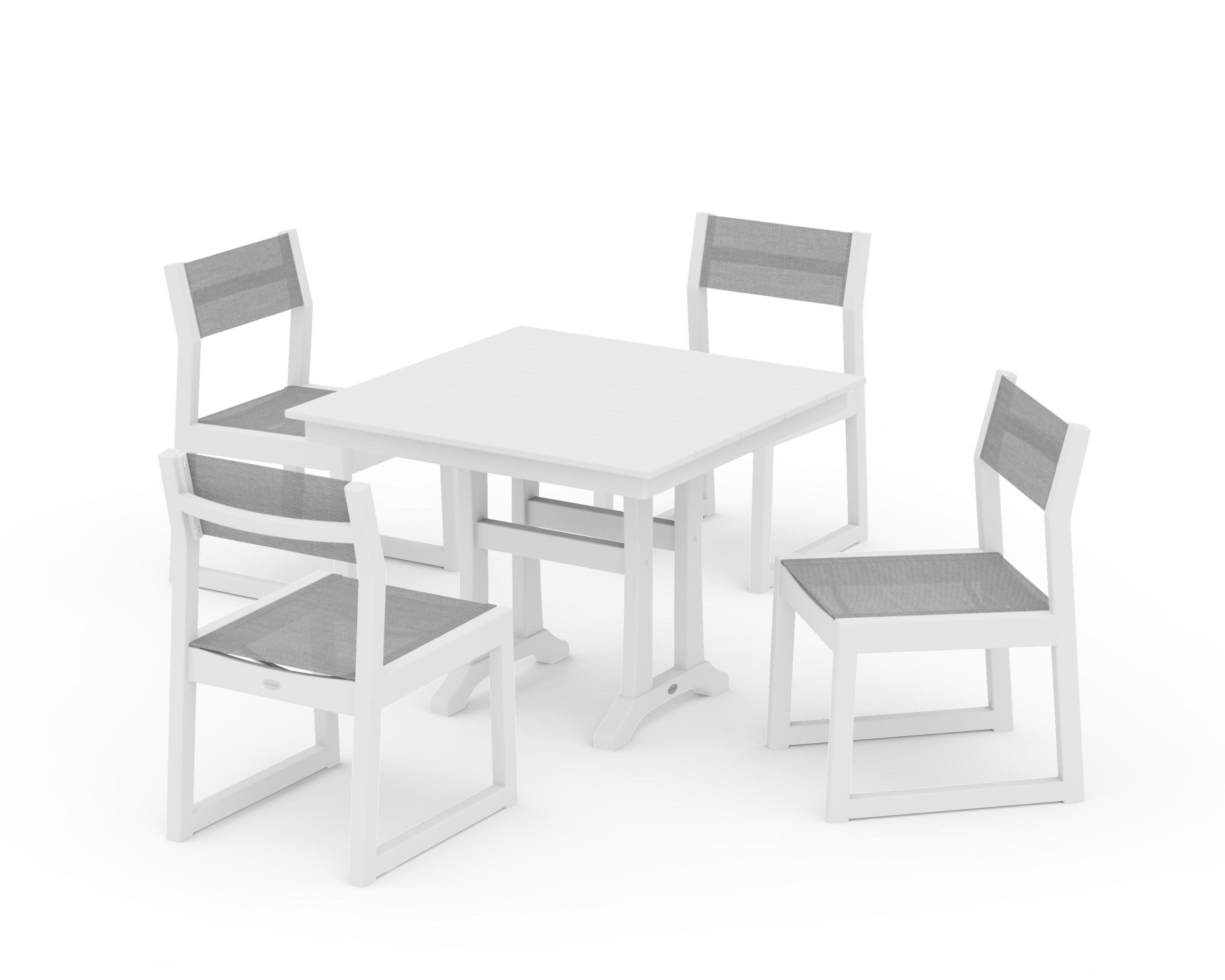 EDGE Sling 5-Piece Farmhouse Trestle Side Chair Dining Set in White / Metallic Sling