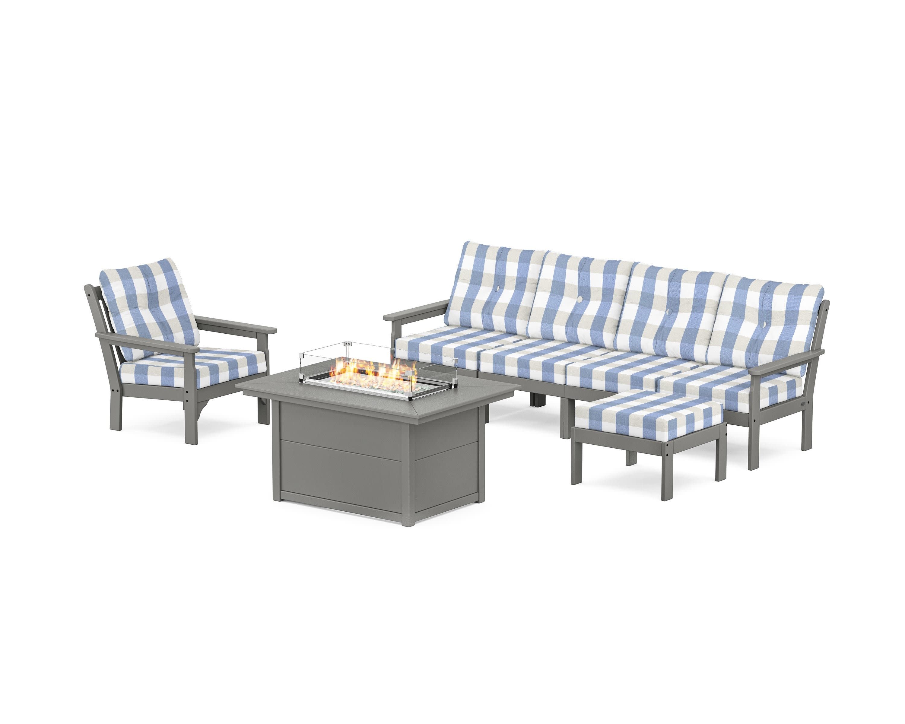 Vineyard Sectional Lounge and Fire Pit Set in Slate Grey / Buffalo Plaid Sky Blue