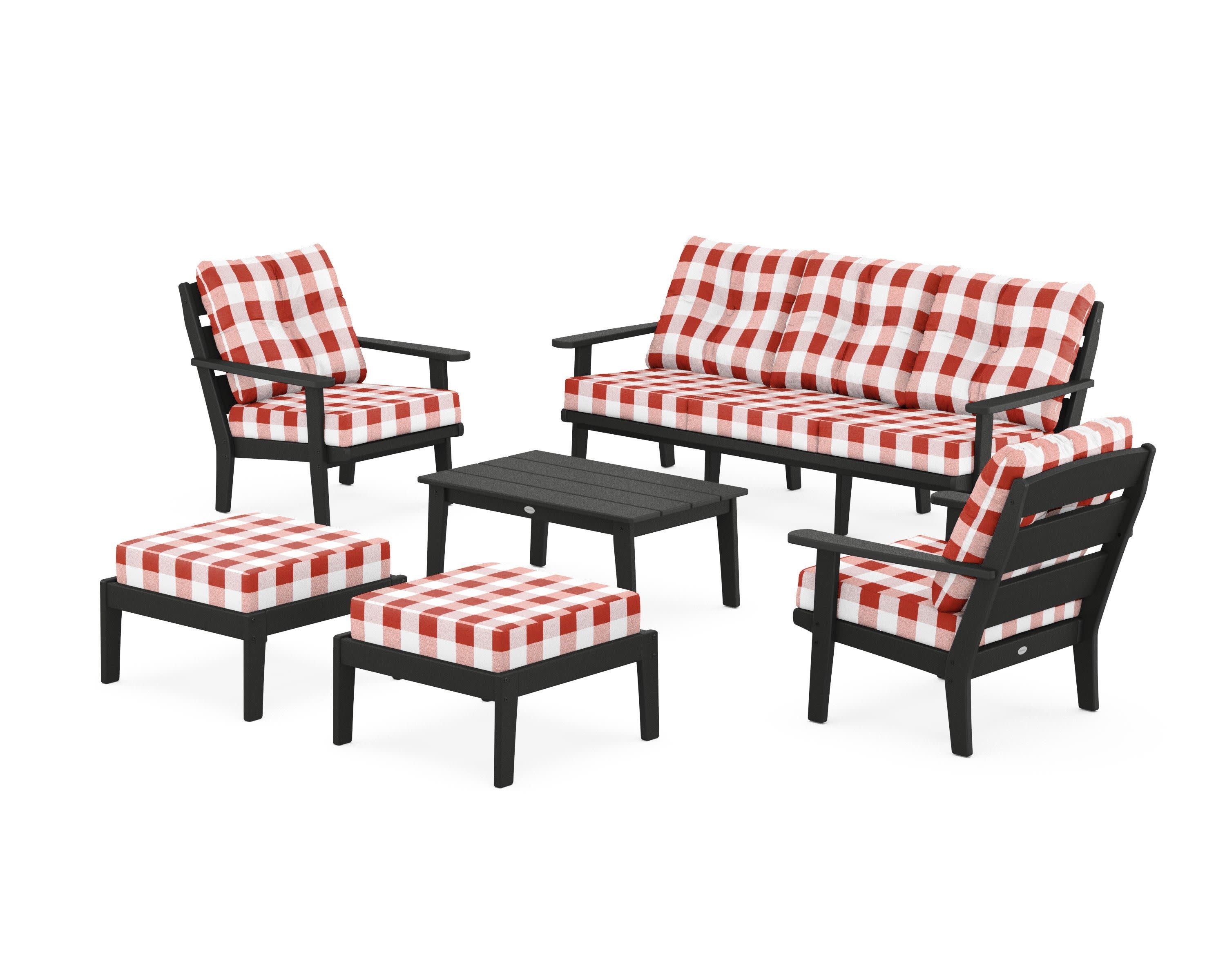 Lakeside 6-Piece Lounge Sofa Set in Black / Buffalo Plaid Crimson