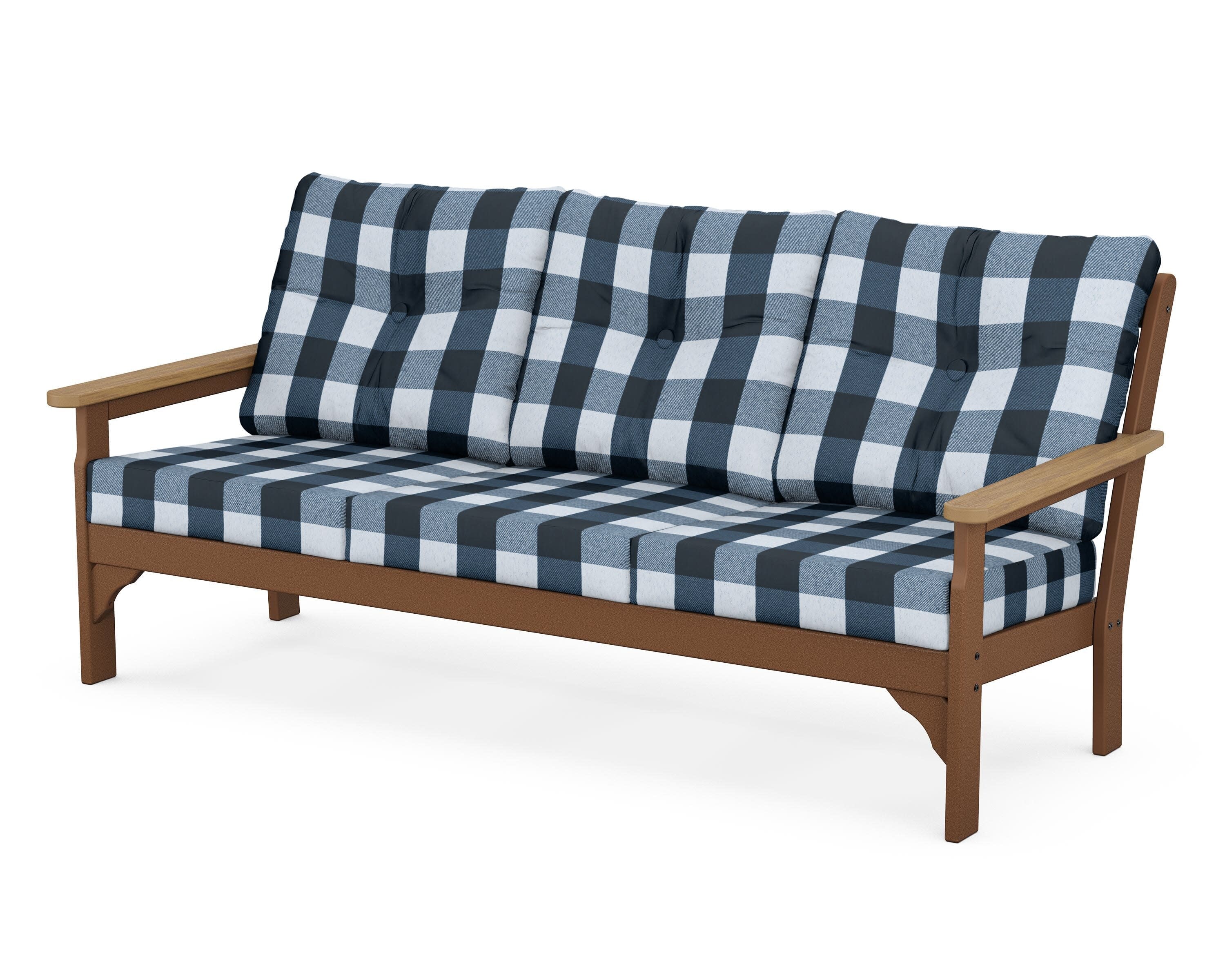 Vineyard Deep Seating Sofa in Teak / Natural / Buffalo Plaid Marine Indigo
