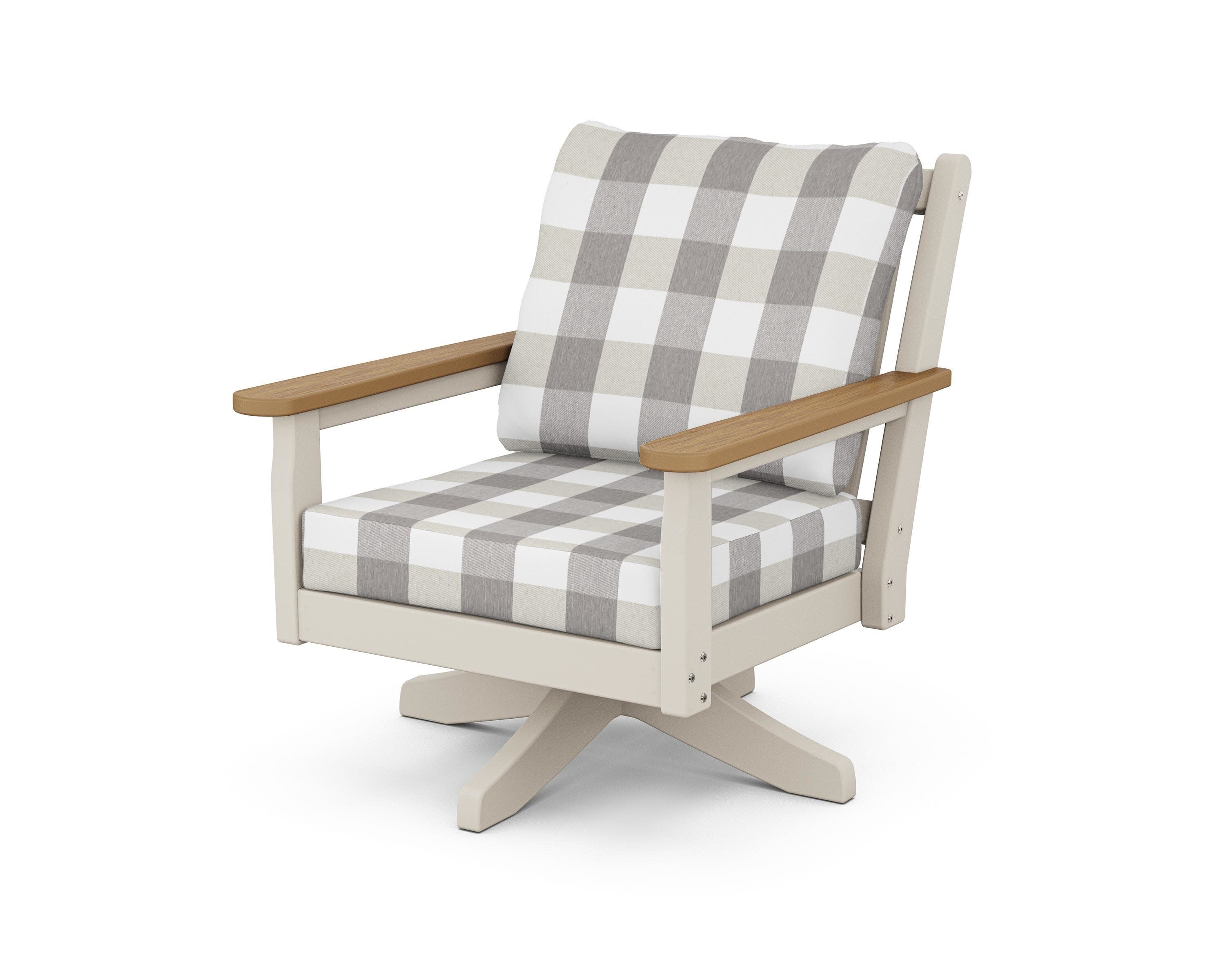Chippendale Deep Seating Swivel Chair in Sand / Natural / Buffalo Plaid Grey Mist