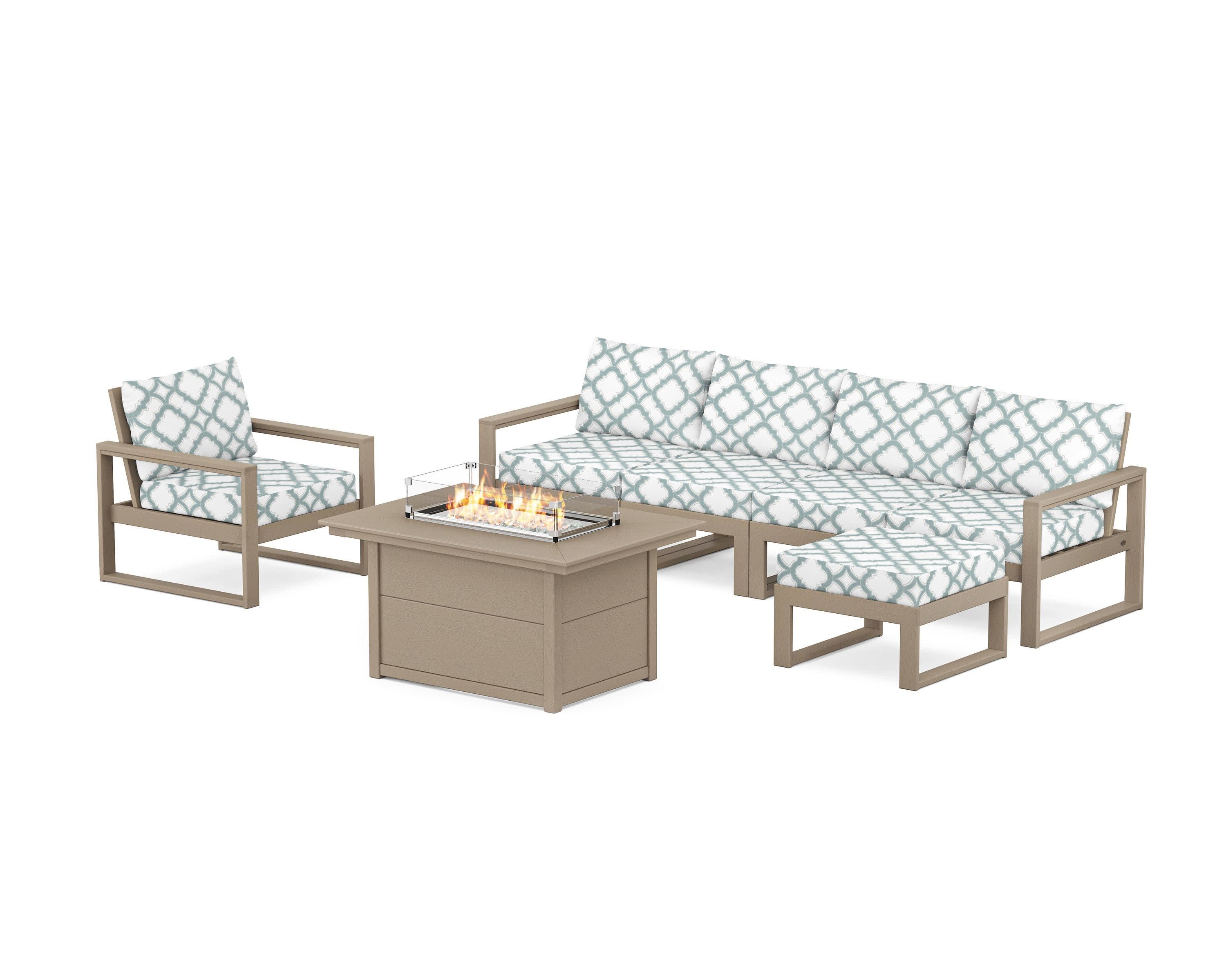 EDGE Sectional Lounge and Fire Pit Set in Vintage Sahara / Trellis Glacier Spa
