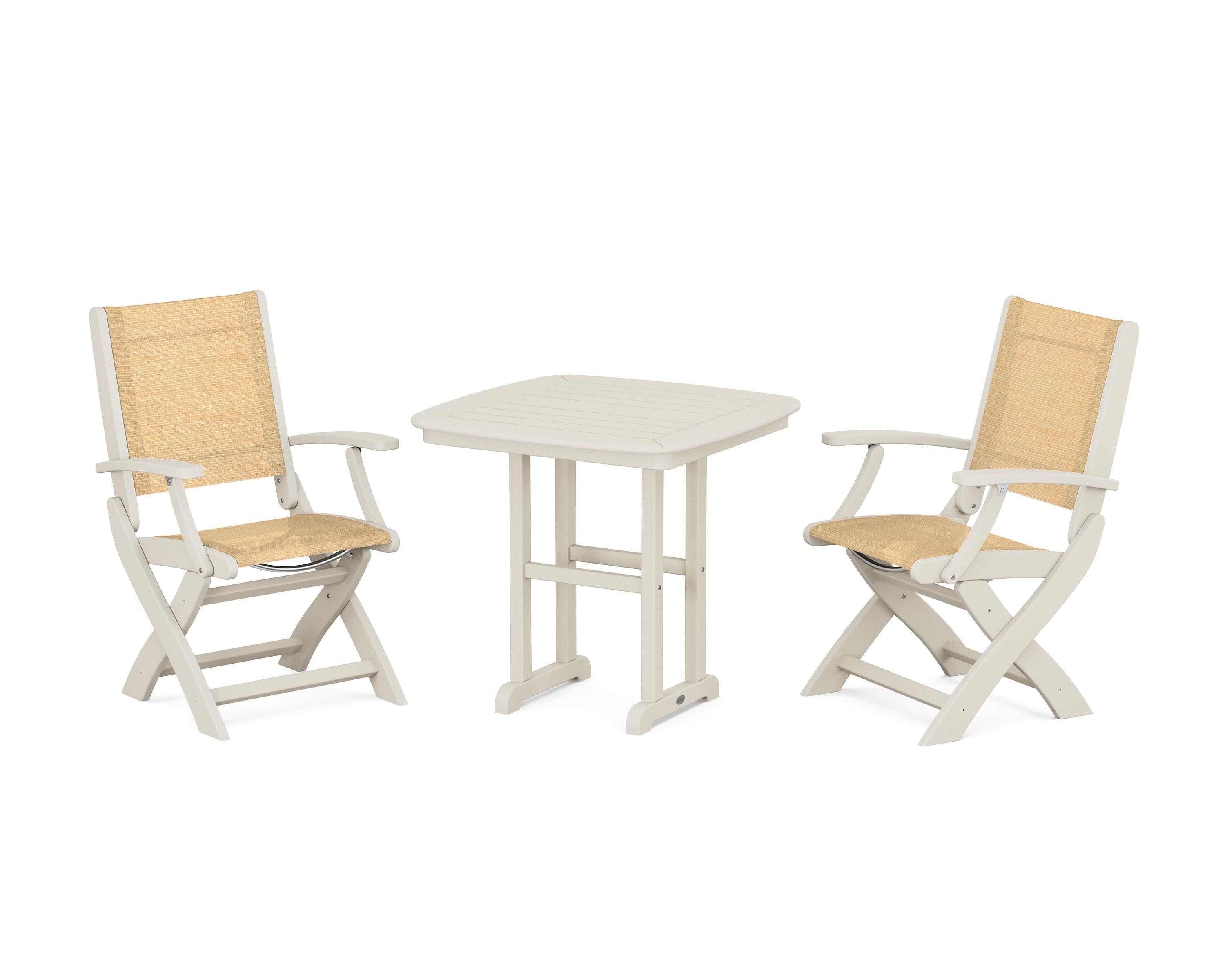 Coastal Folding Chair 3-Piece Dining Set in Sand / Dupioni Apricot Sling