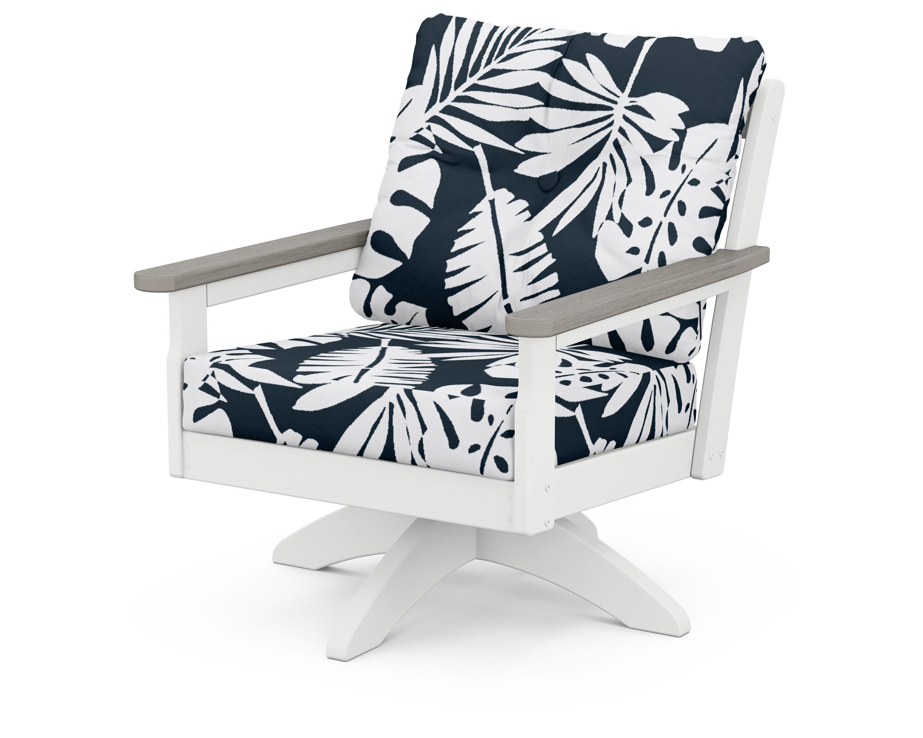 Vineyard Deep Seating Swivel Chair in White / Driftwood / Leaf Marine Indigo
