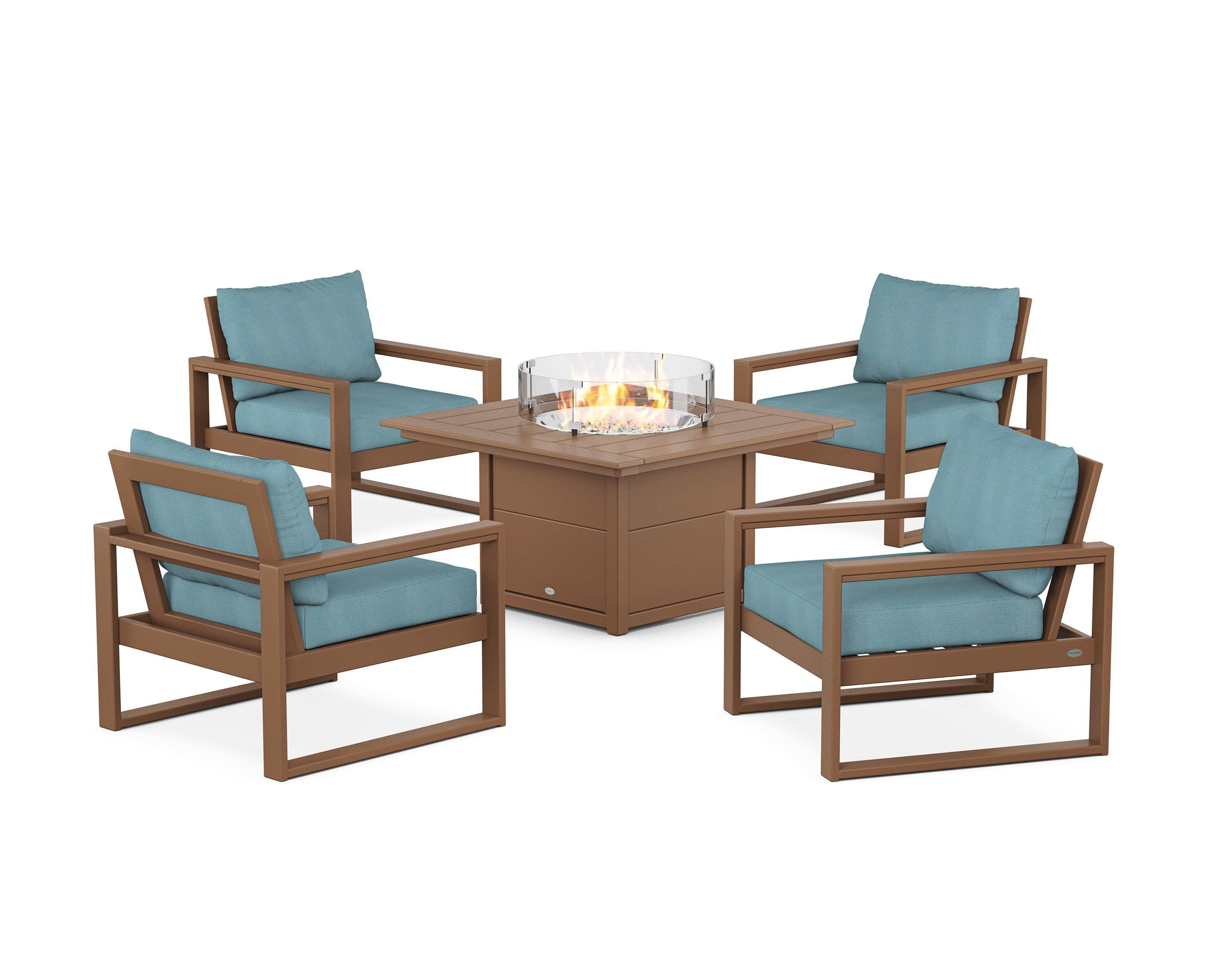 EDGE Sectional 5-Piece Deep Seating Set with Fire Pit Table in Teak / Lattice Sky Blue