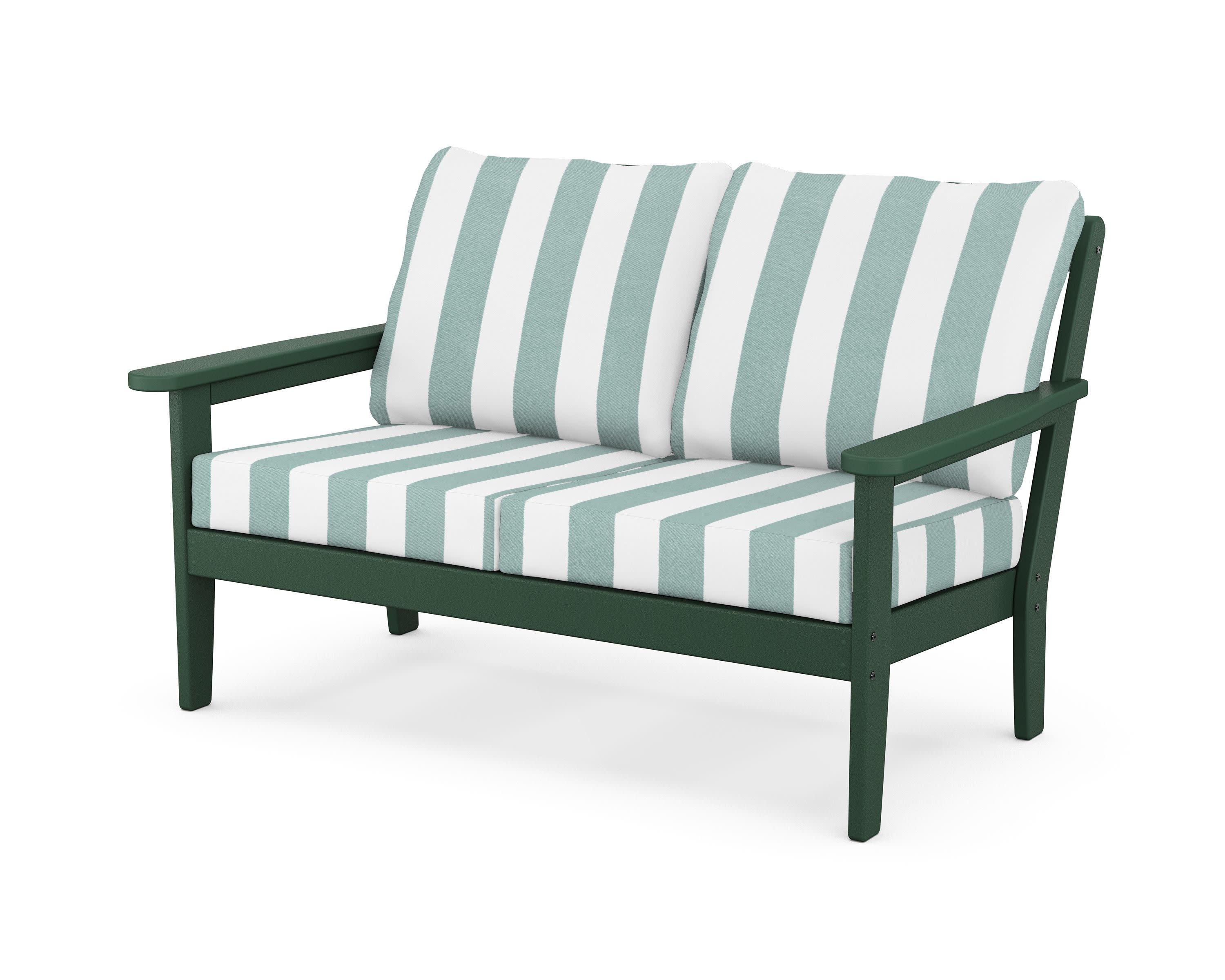 Cottage Deep Seating Loveseat in Green / Cabana Stripe Glacier Spa